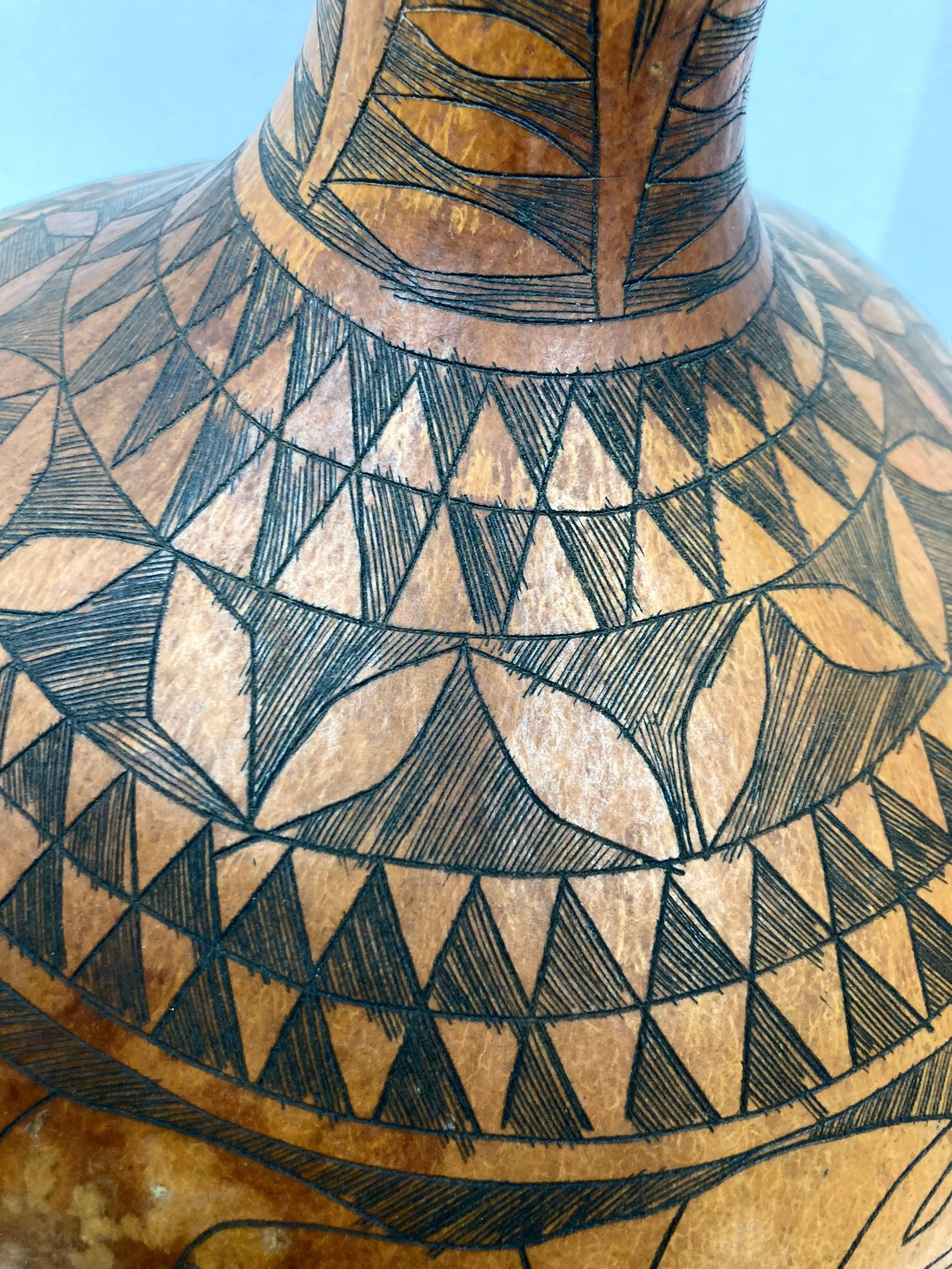 Large and Decorative African Gourd with Elephant Herd Design For Sale 3
