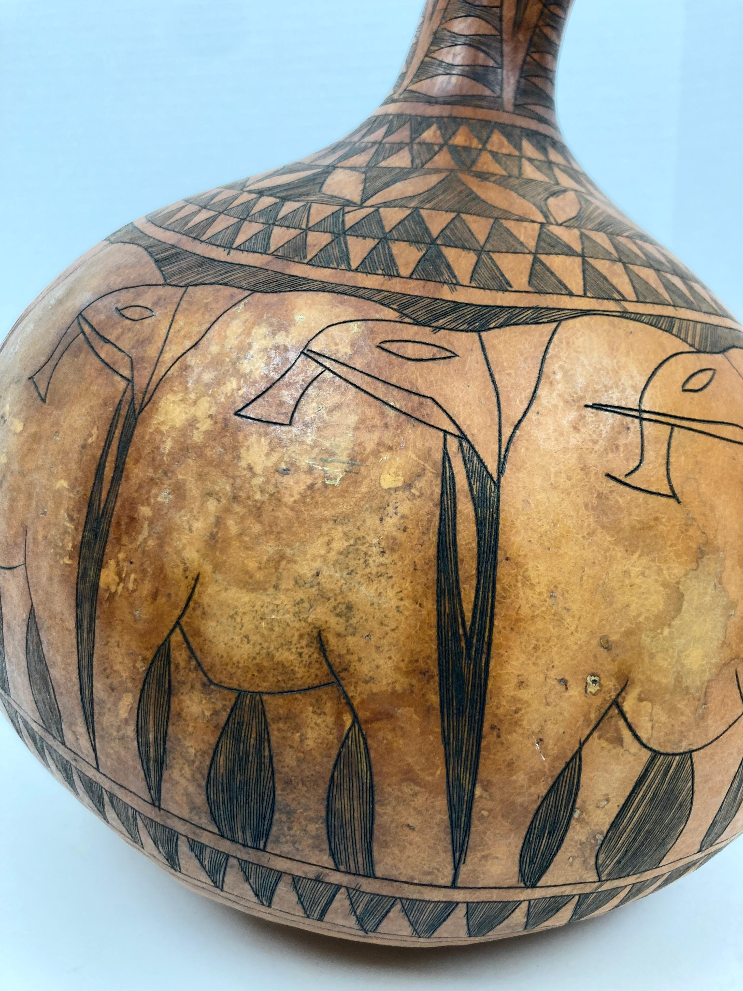 Tribal Large and Decorative African Gourd with Elephant Herd Design For Sale
