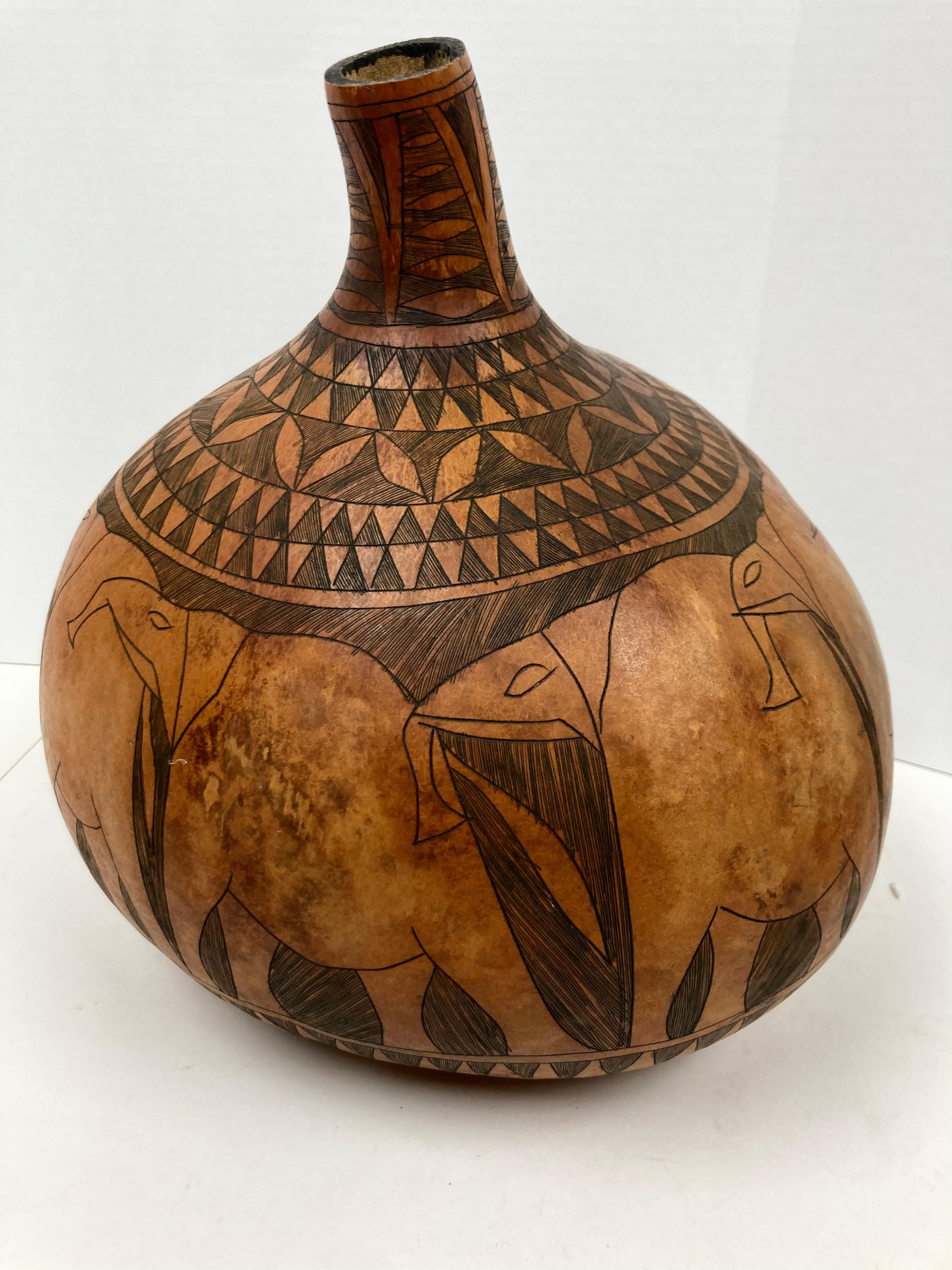 Large and Decorative African Gourd with Elephant Herd Design In Distressed Condition For Sale In Bridgeport, CT