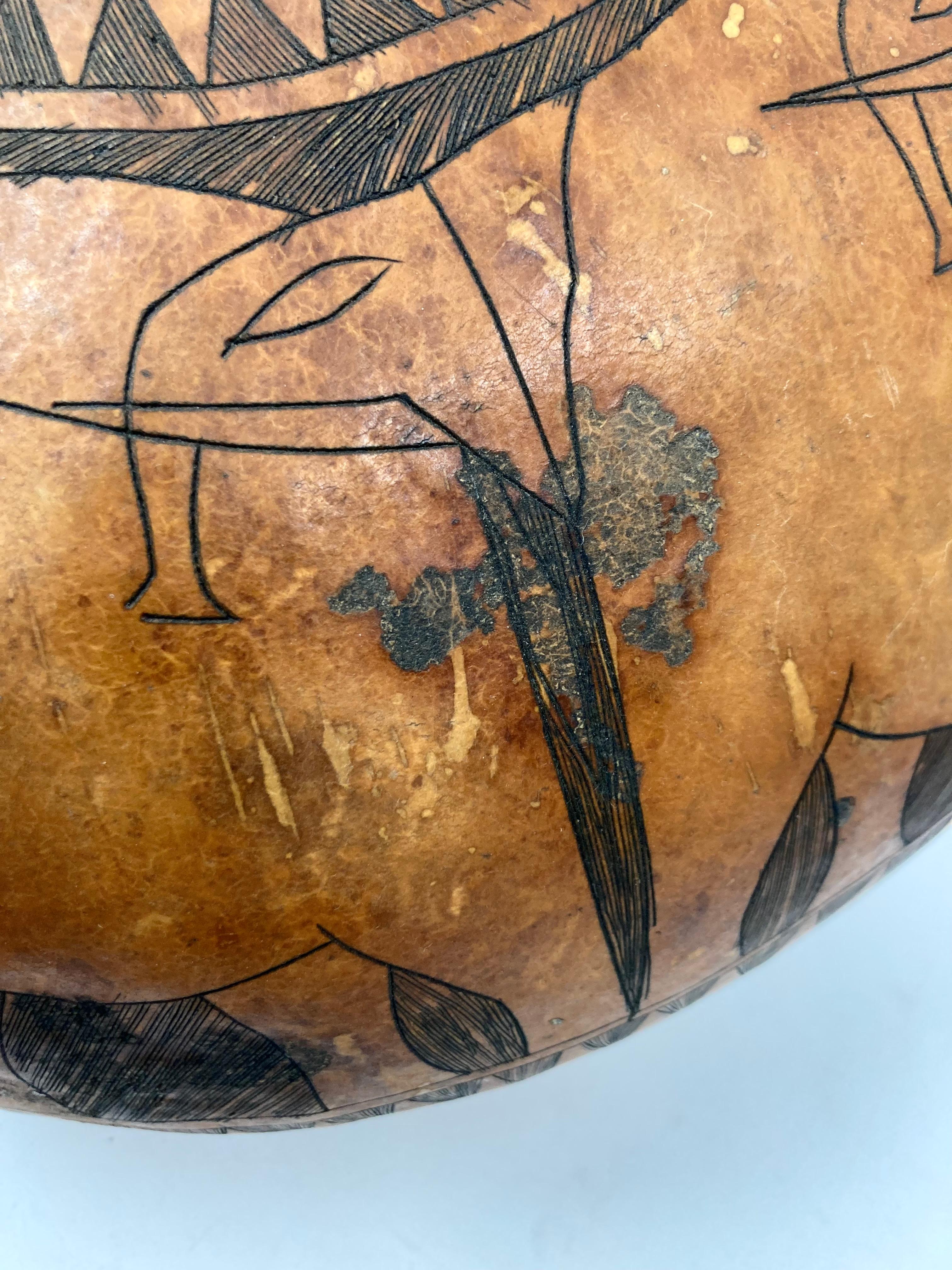 20th Century Large and Decorative African Gourd with Elephant Herd Design For Sale
