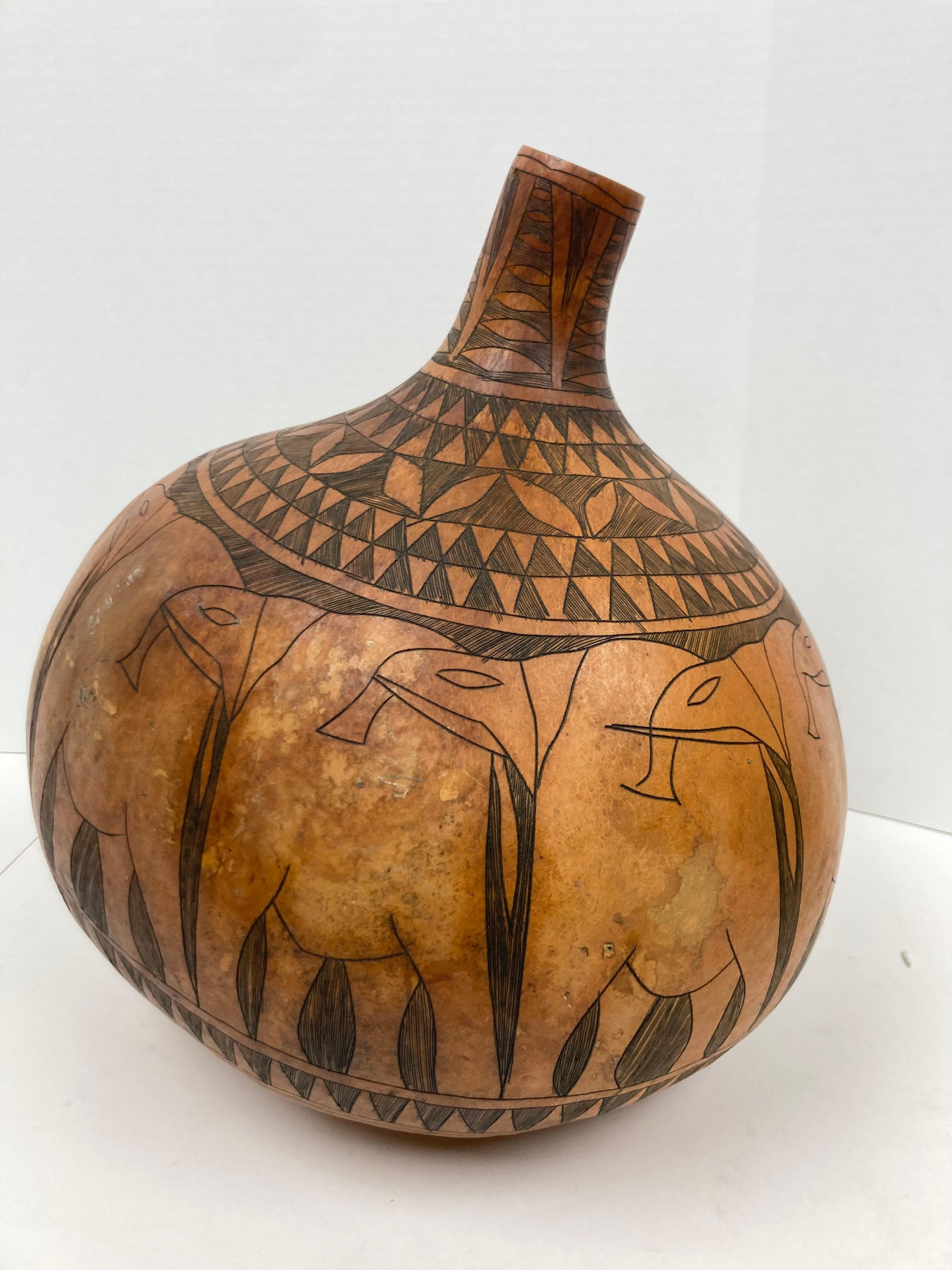 Large and Decorative African Gourd with Elephant Herd Design For Sale 1