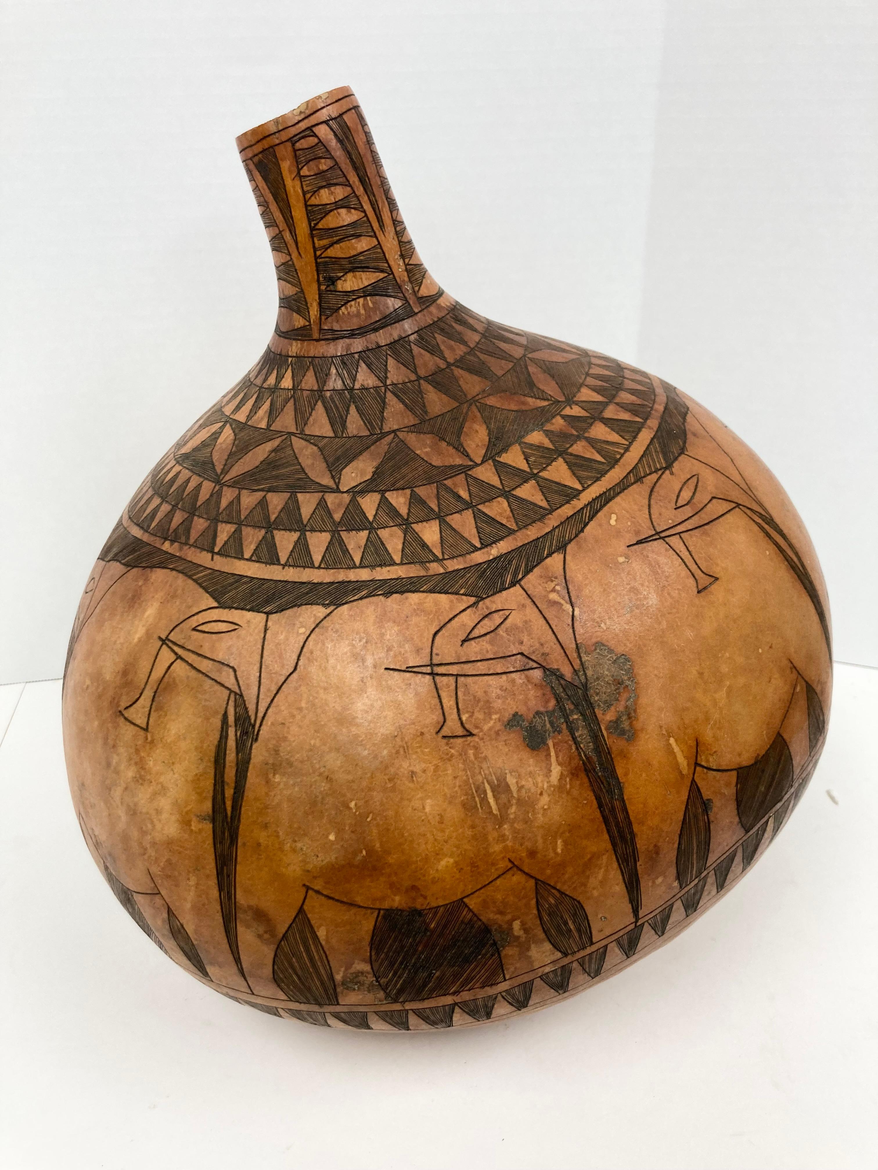 Large and Decorative African Gourd with Elephant Herd Design For Sale 2