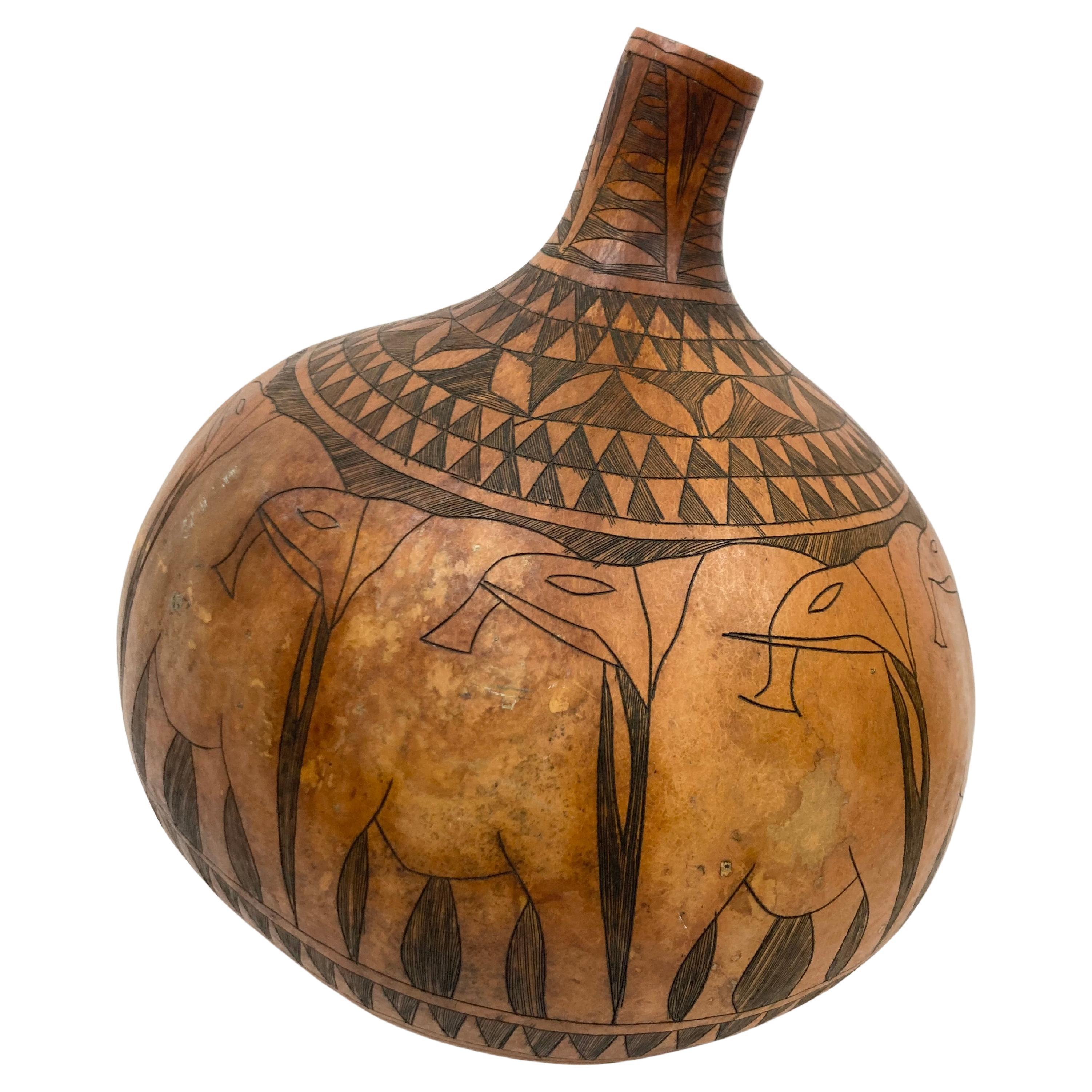 Large and Decorative African Gourd with Elephant Herd Design For Sale