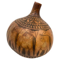 Large and Decorative African Gourd with Elephant Herd Design
