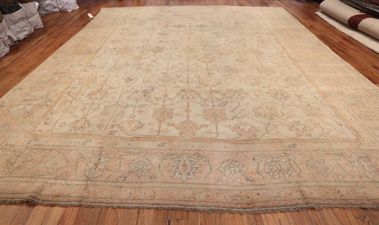 Large And Decorative Antique Ivory Turkish Oushak Rug Size 12 Ft