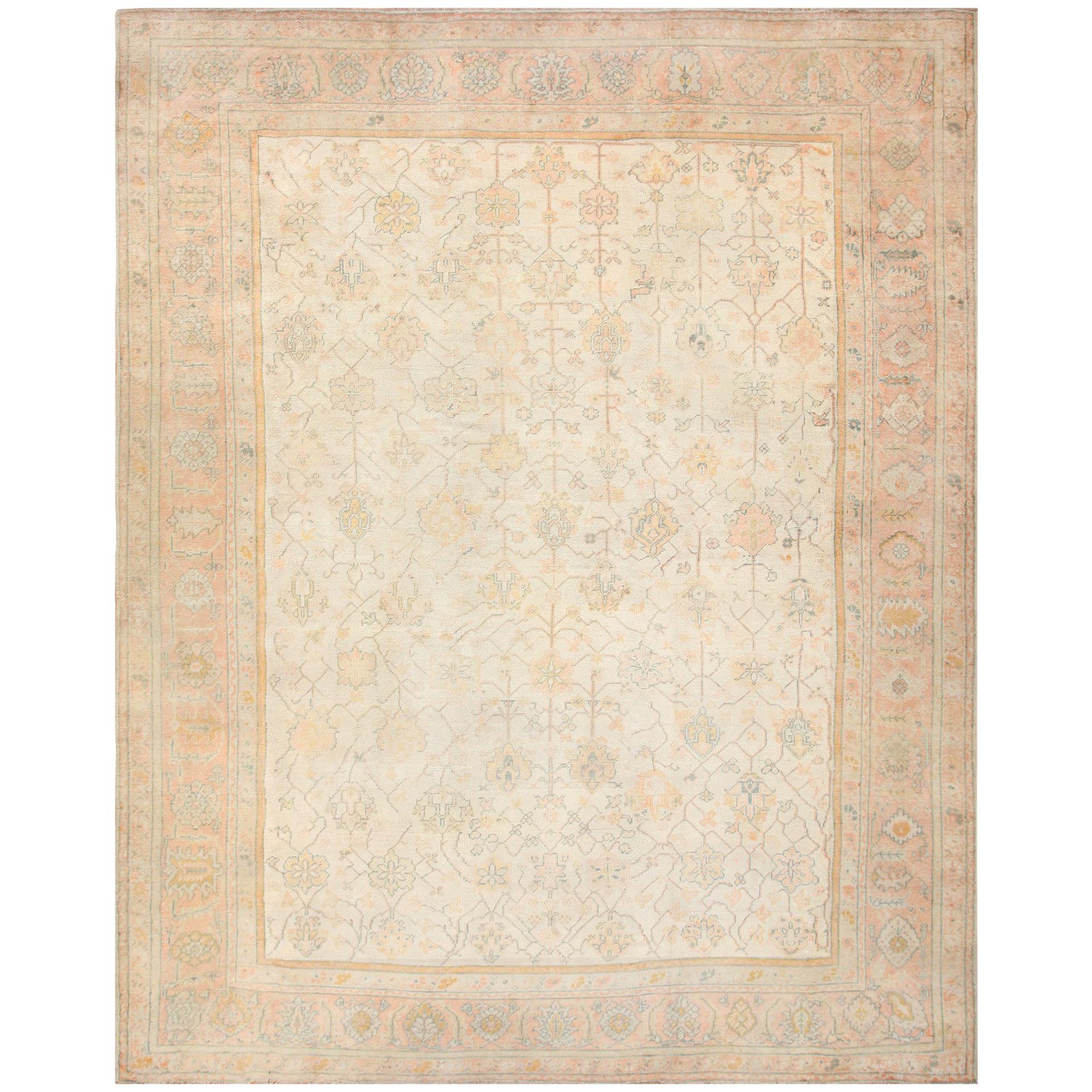 Large and Decorative Antique Ivory Turkish Oushak Rug. Size: 12 ft x 16 ft