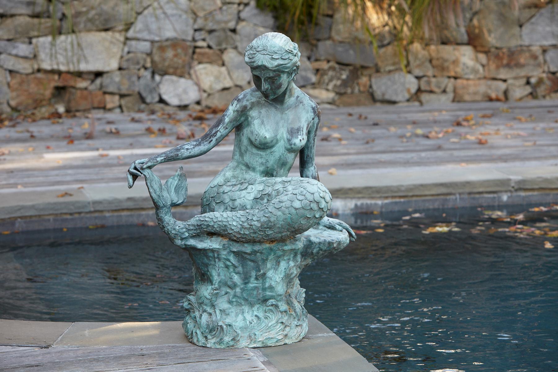 Mid-20th Century Large and Detailed Bronze Water Garden / Fountain Statue of Mermaid, 1940s