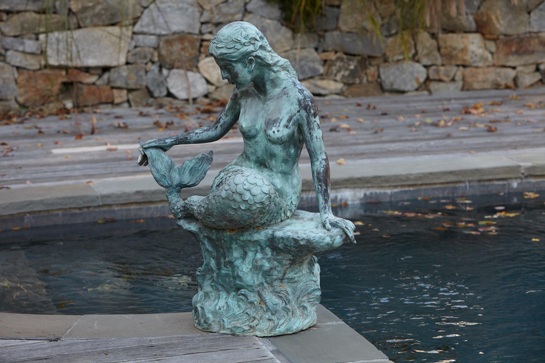 Large and Detailed Bronze Water Garden / Fountain Statue of Mermaid, 1940s 1