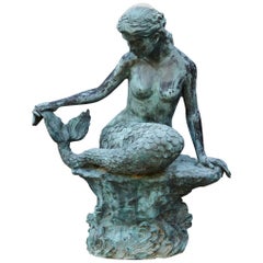 Vintage Large and Detailed Bronze Water Garden / Fountain Statue of Mermaid, 1940s