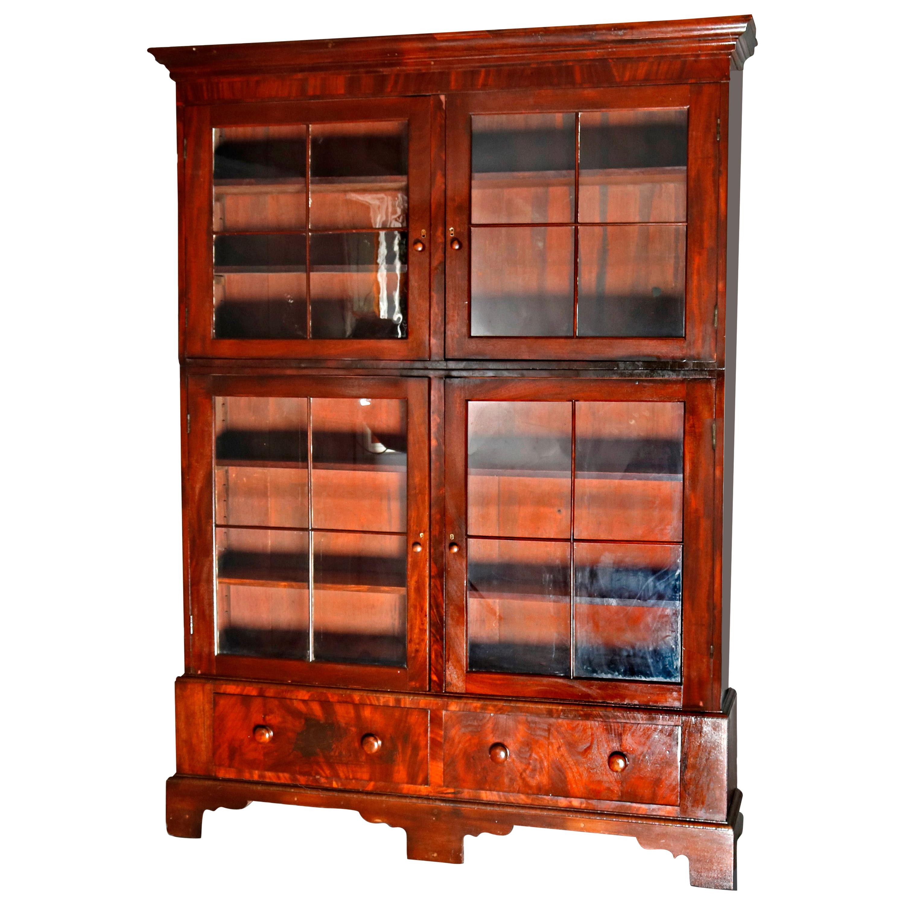 Large and Early 19th Century American Empire Flame Mahogany 3-Section Bookcase