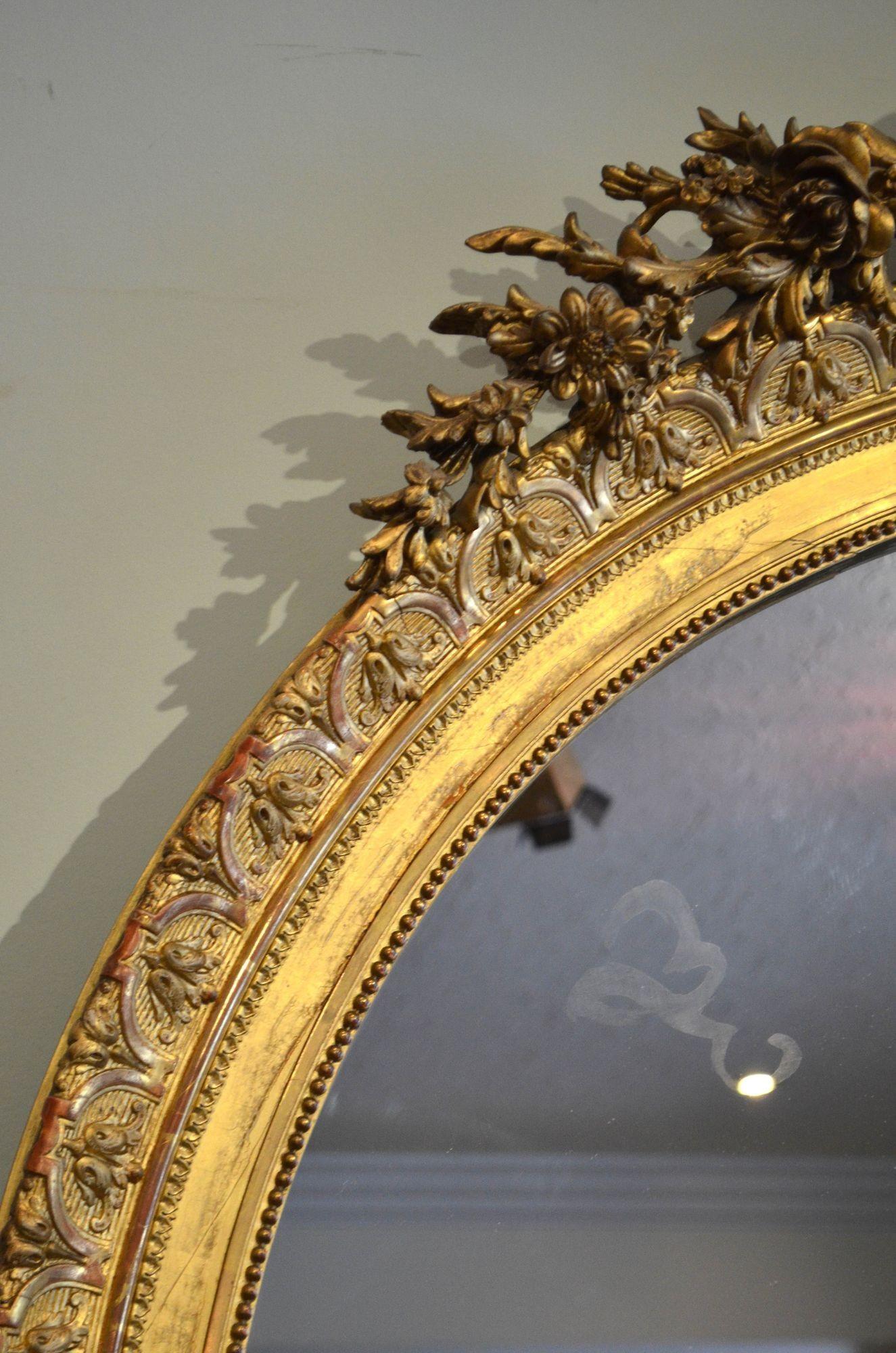 Feuille d'or Grand miroir Leaner français ancien élaboré H225 cm en vente