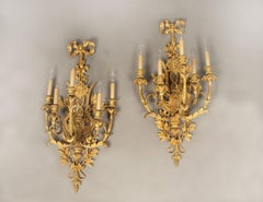 Large and Elaborate Pair of Early 20th Century Gilt Bronze Five-Light Sconces