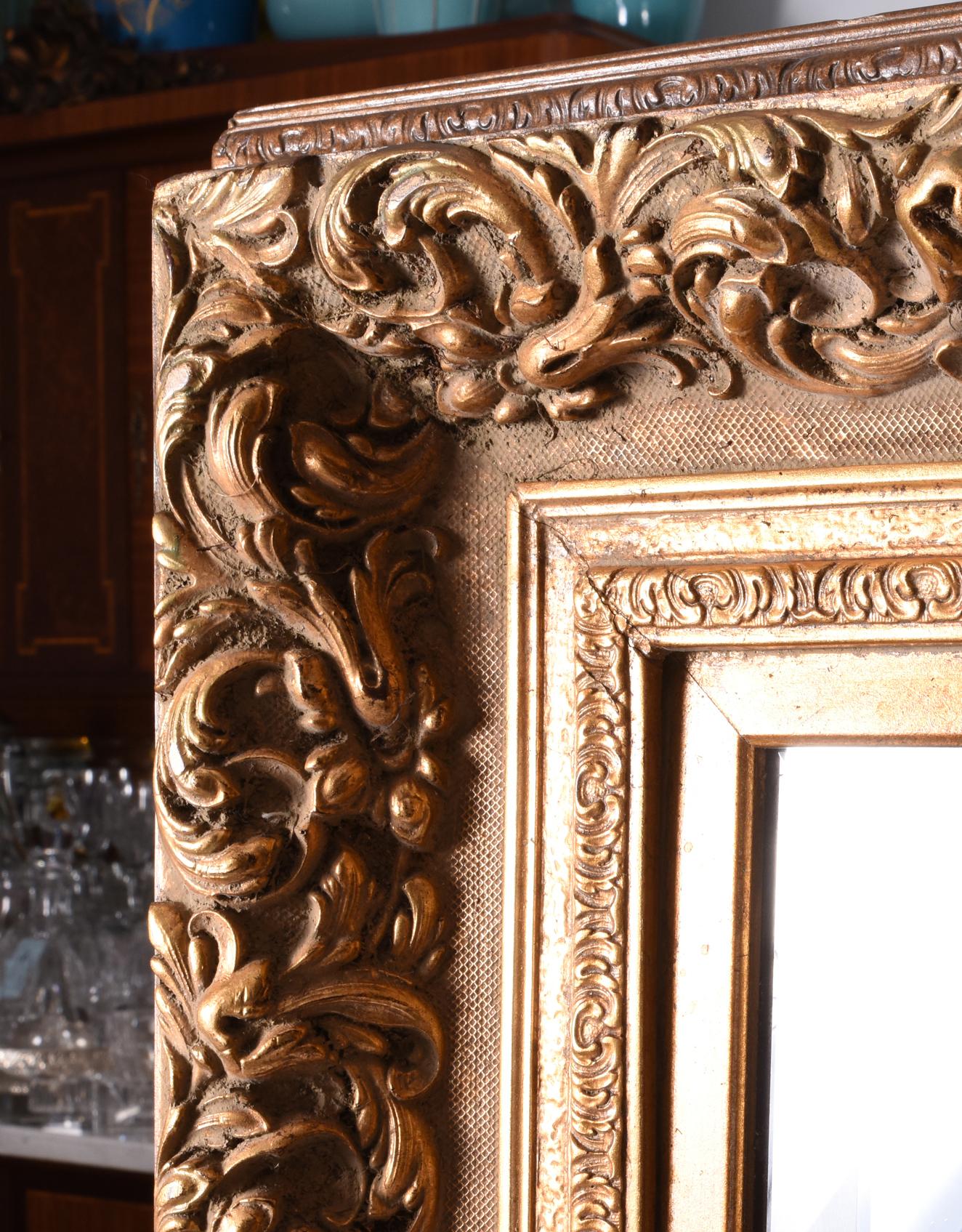 Early 20th Century Large and Elegant Beveled Gilt Wood Frame Fire Mantle Hanging Wall Mirror