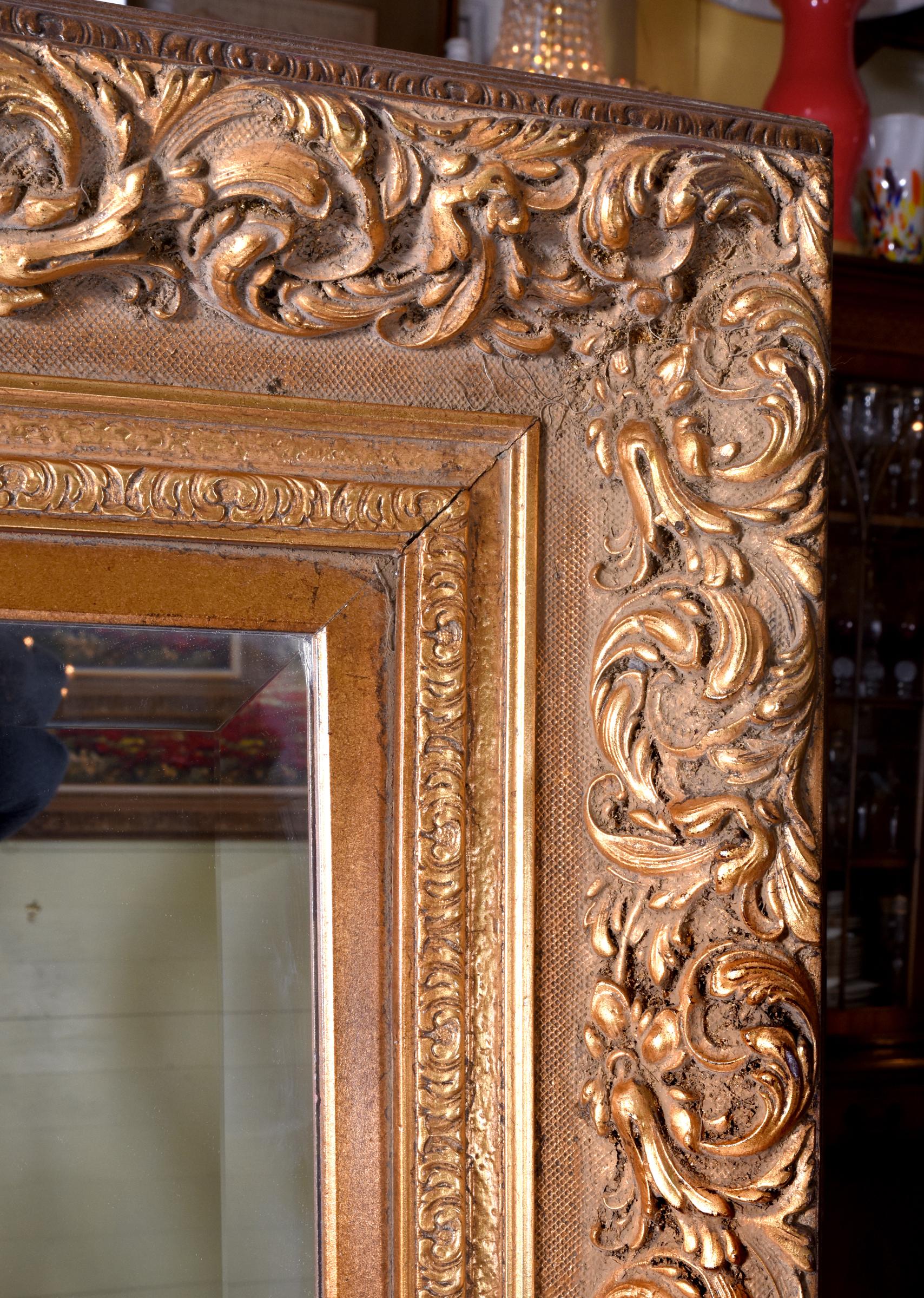 Giltwood Large and Elegant Beveled Gilt Wood Frame Fire Mantle Hanging Wall Mirror