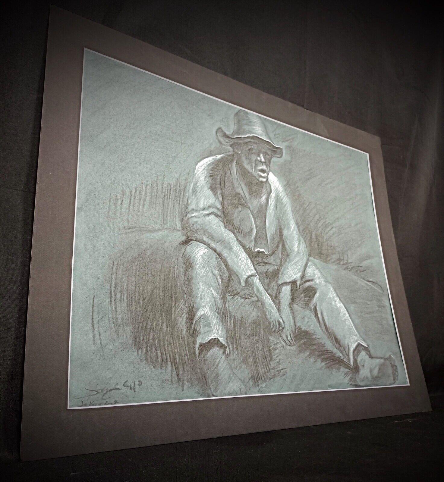 This grand and exquisite charcoal drawing, signed by the artist 