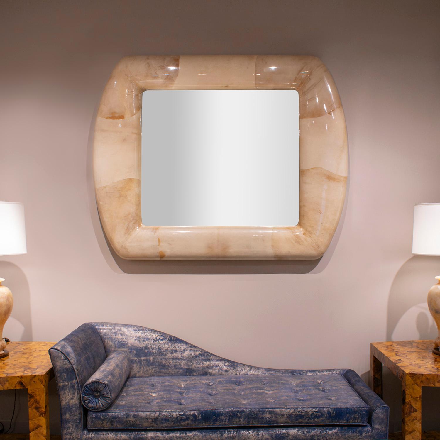 Late 20th Century Large and Exceptional Artisan Mirror in Lacquered Goatskin 1988 For Sale