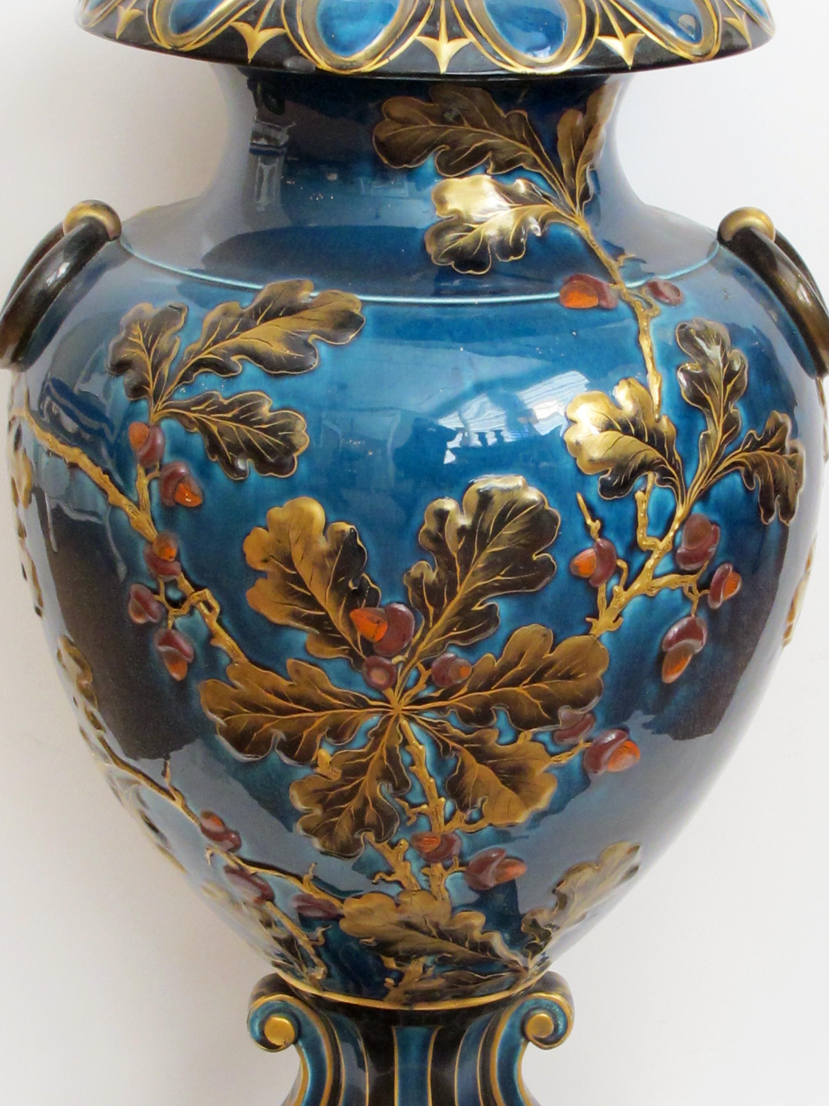 19th Century Large and Exquisitely Rendered English Teal-Glazed Ceramic Urn