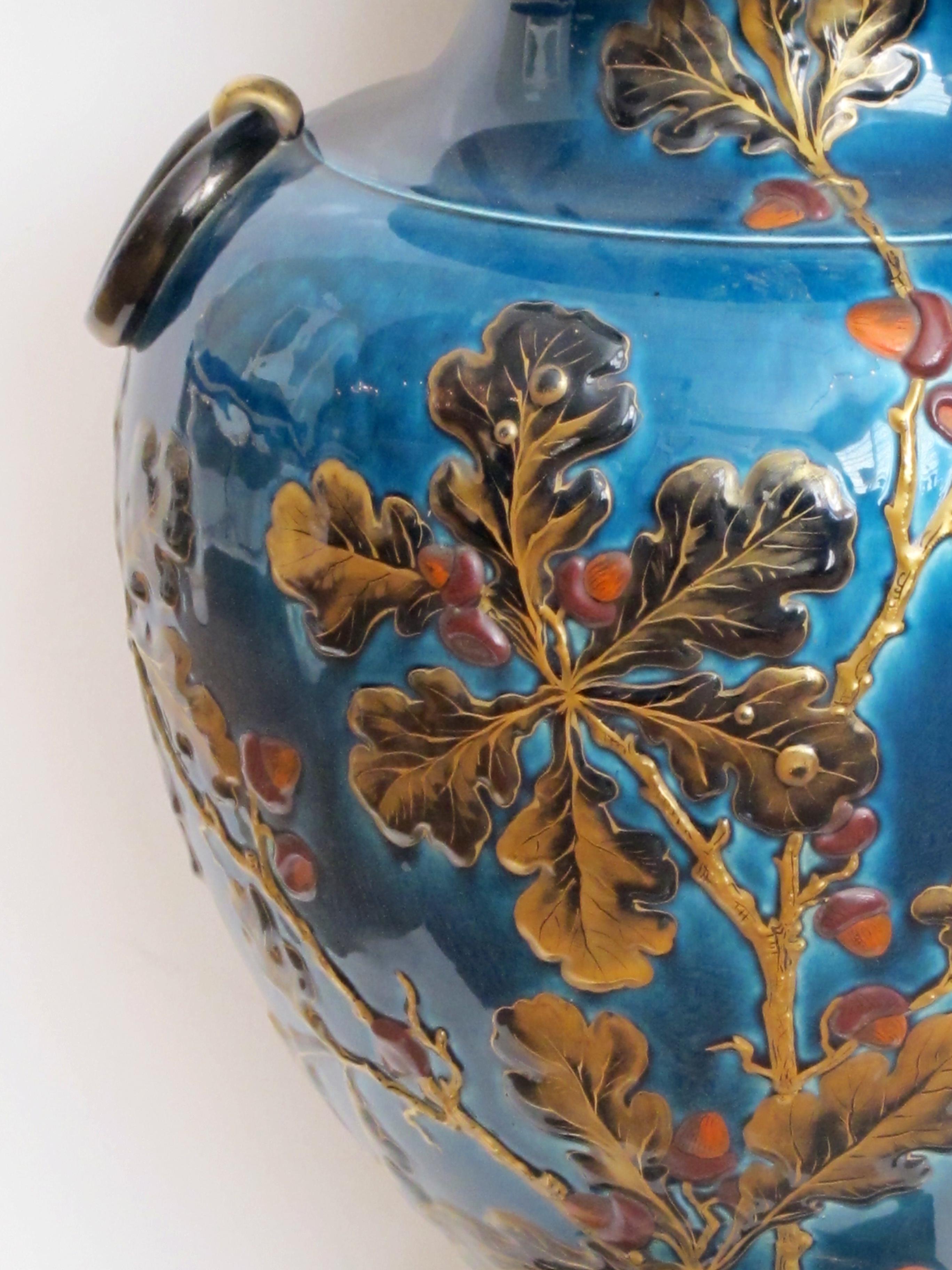 Large and Exquisitely Rendered English Teal-Glazed Ceramic Urn 1