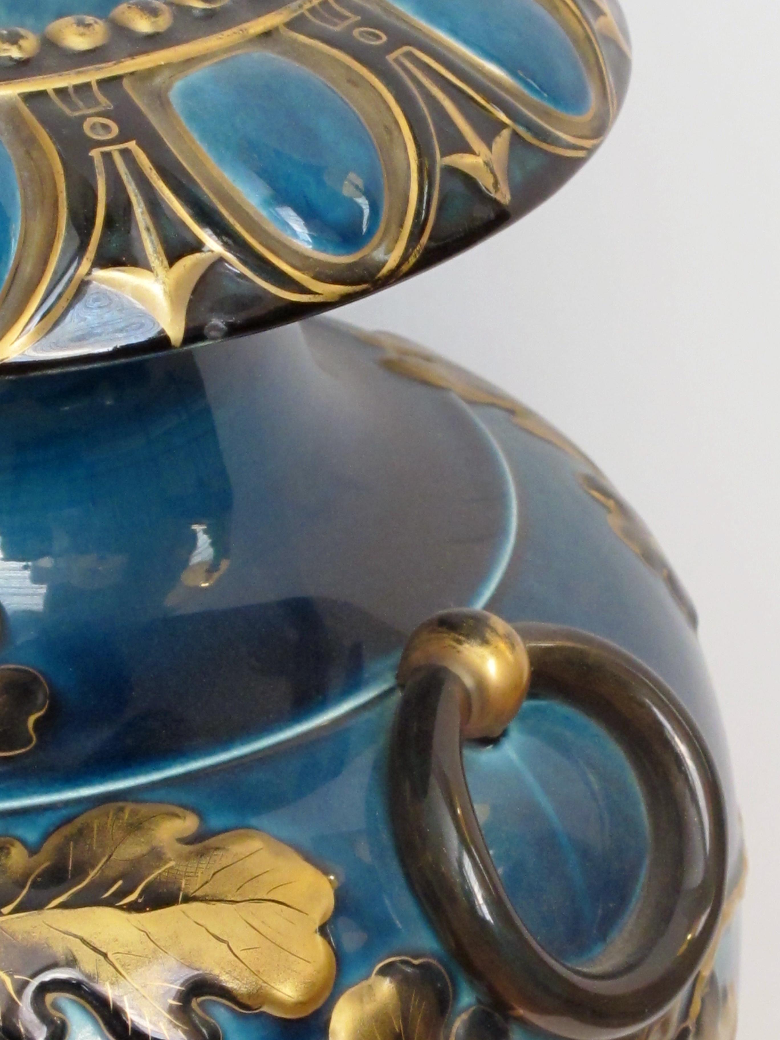 Large and Exquisitely Rendered English Teal-Glazed Ceramic Urn 3
