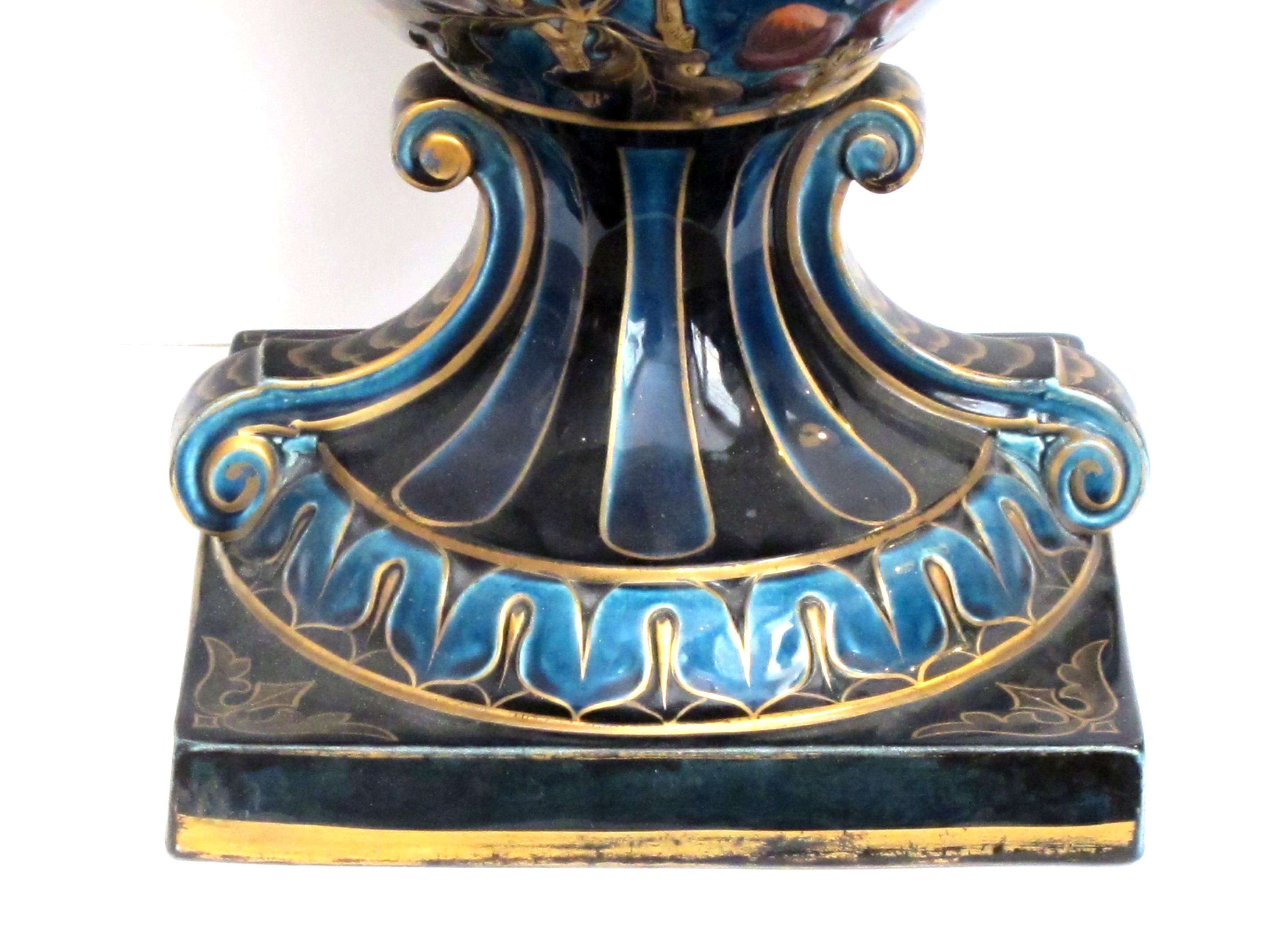 Large and Exquisitely Rendered English Teal-Glazed Ceramic Urn 4
