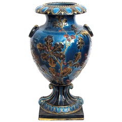 Large and Exquisitely Rendered English Teal-Glazed Ceramic Urn