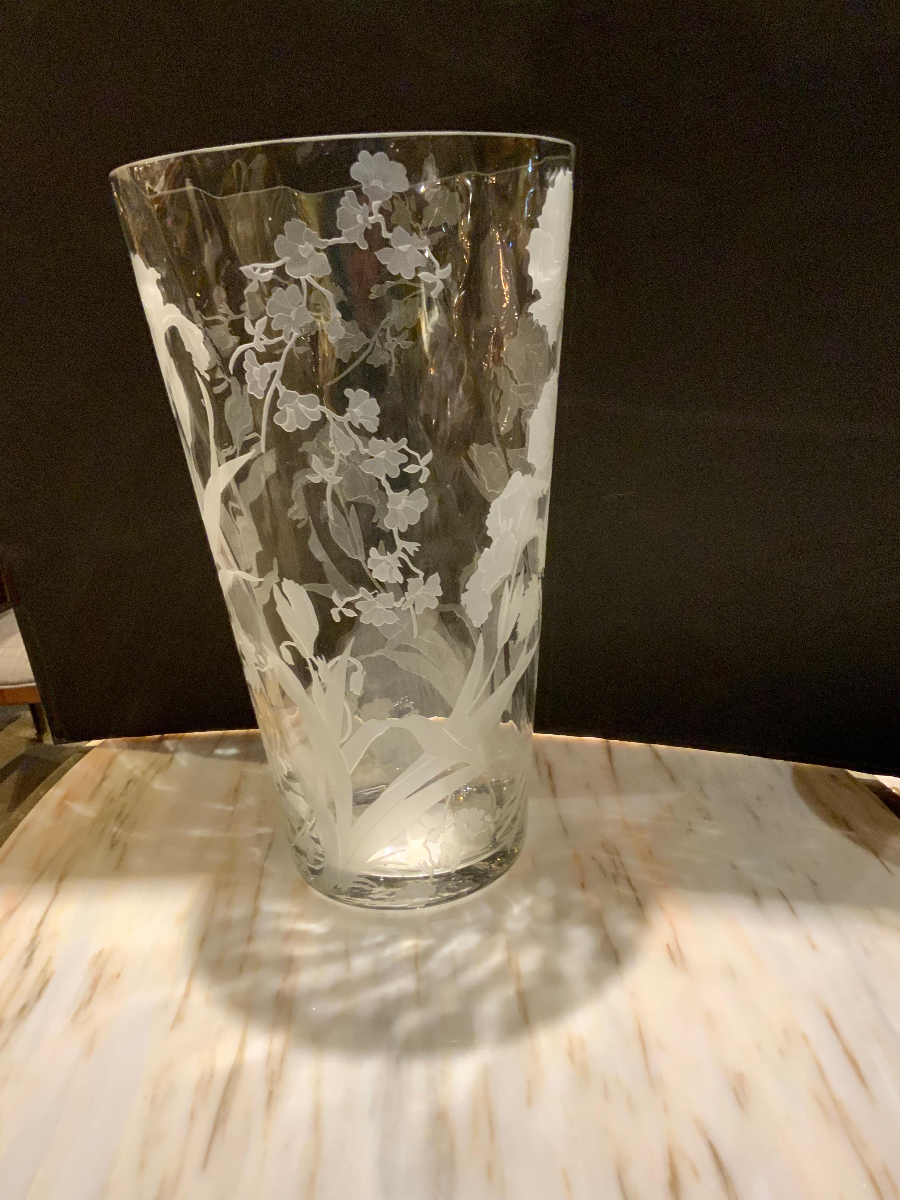 crystal vase with etched flowers