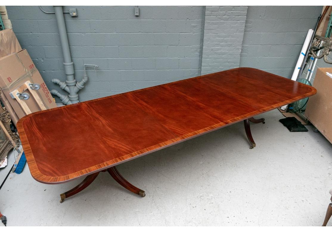 Large And Fine Double Pedestal Banded Mahogany Dining Table In Fair Condition For Sale In Bridgeport, CT
