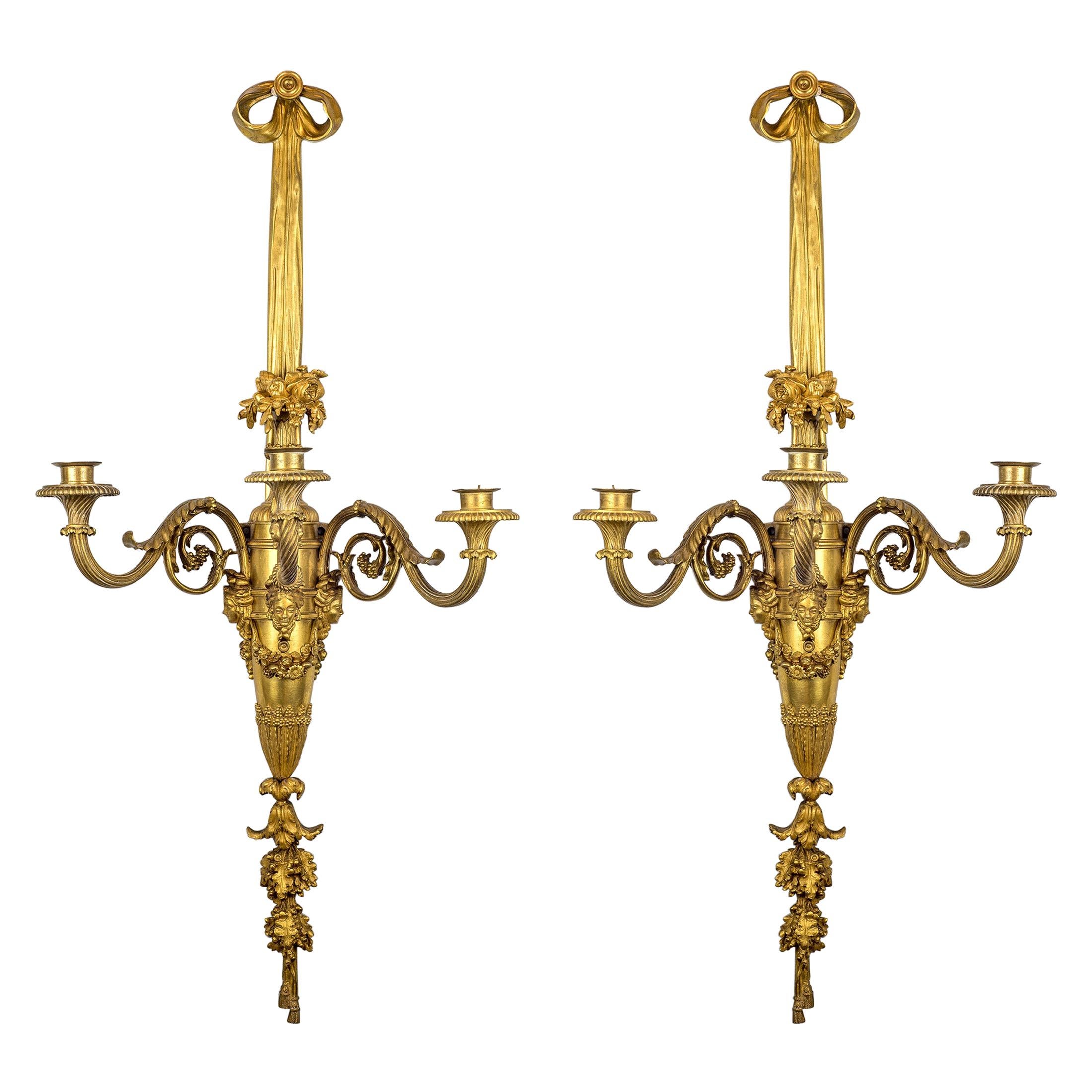 Large and Fine Pair of Henri Vian French Ormolu Three-Light Wall Light Sconces For Sale