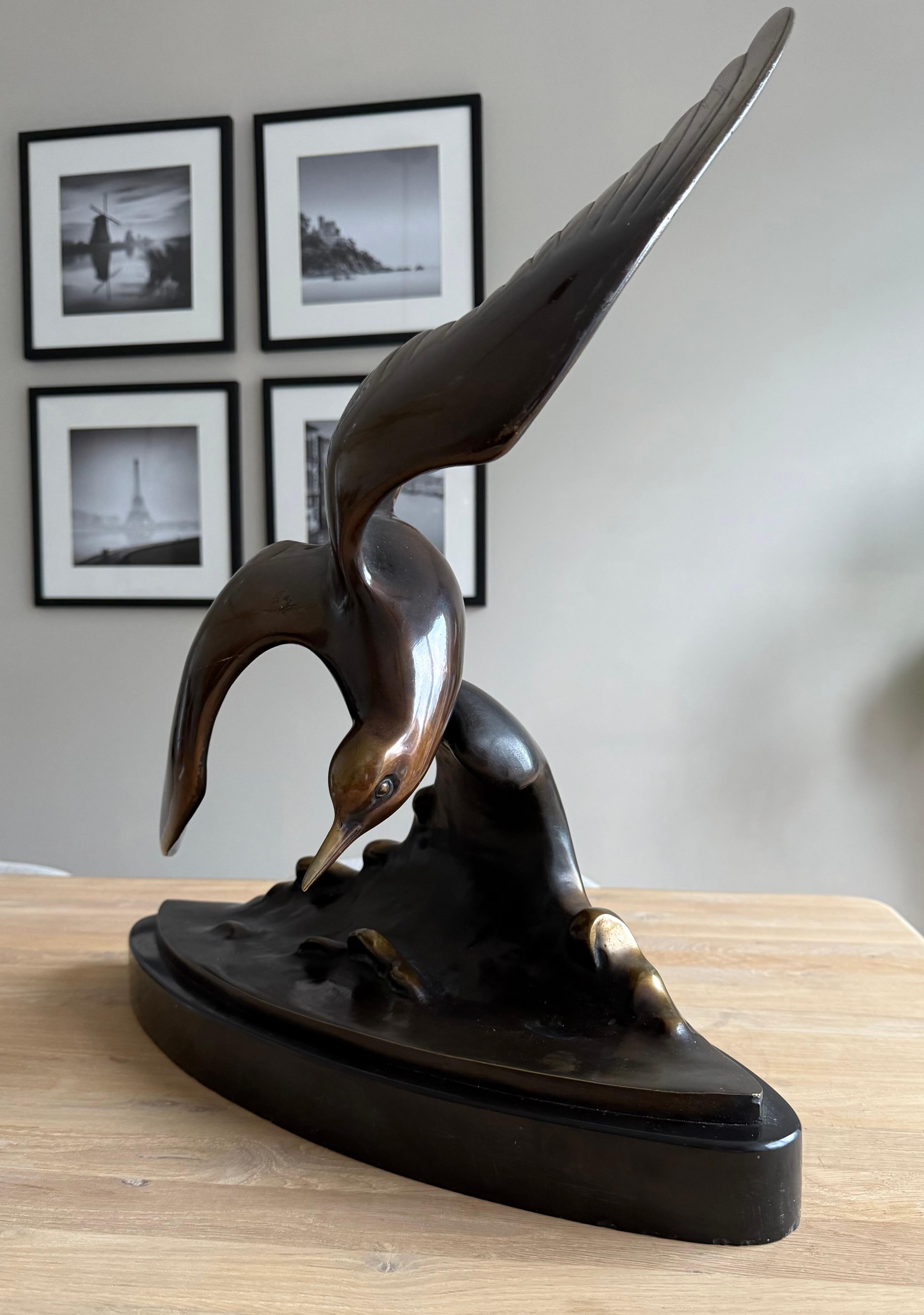 Large and Graceful Art Deco Bronze / Marble Seagull Bird Sculpture by Lorino For Sale 5