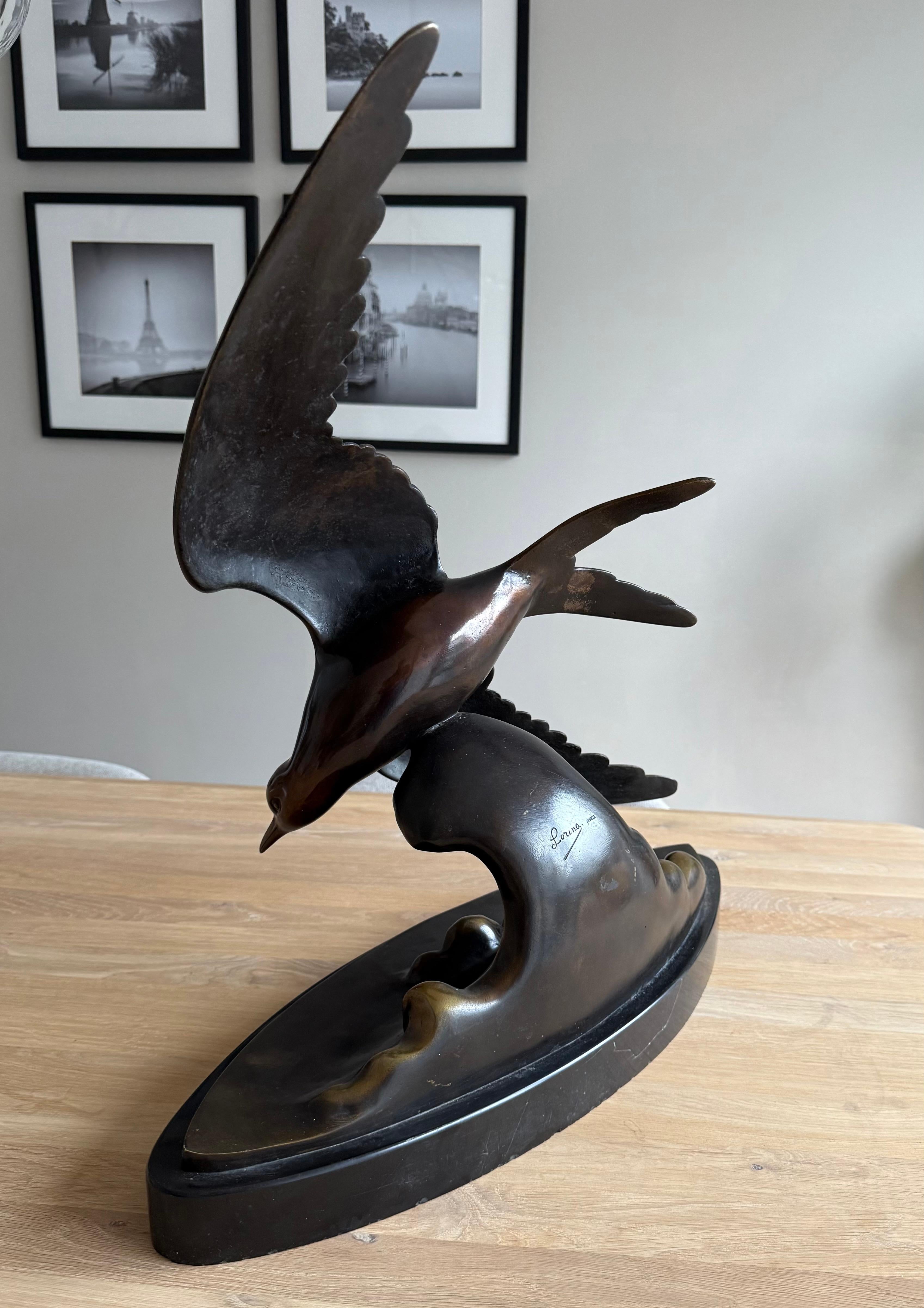 Large and Graceful Art Deco Bronze / Marble Seagull Bird Sculpture by Lorino For Sale 6