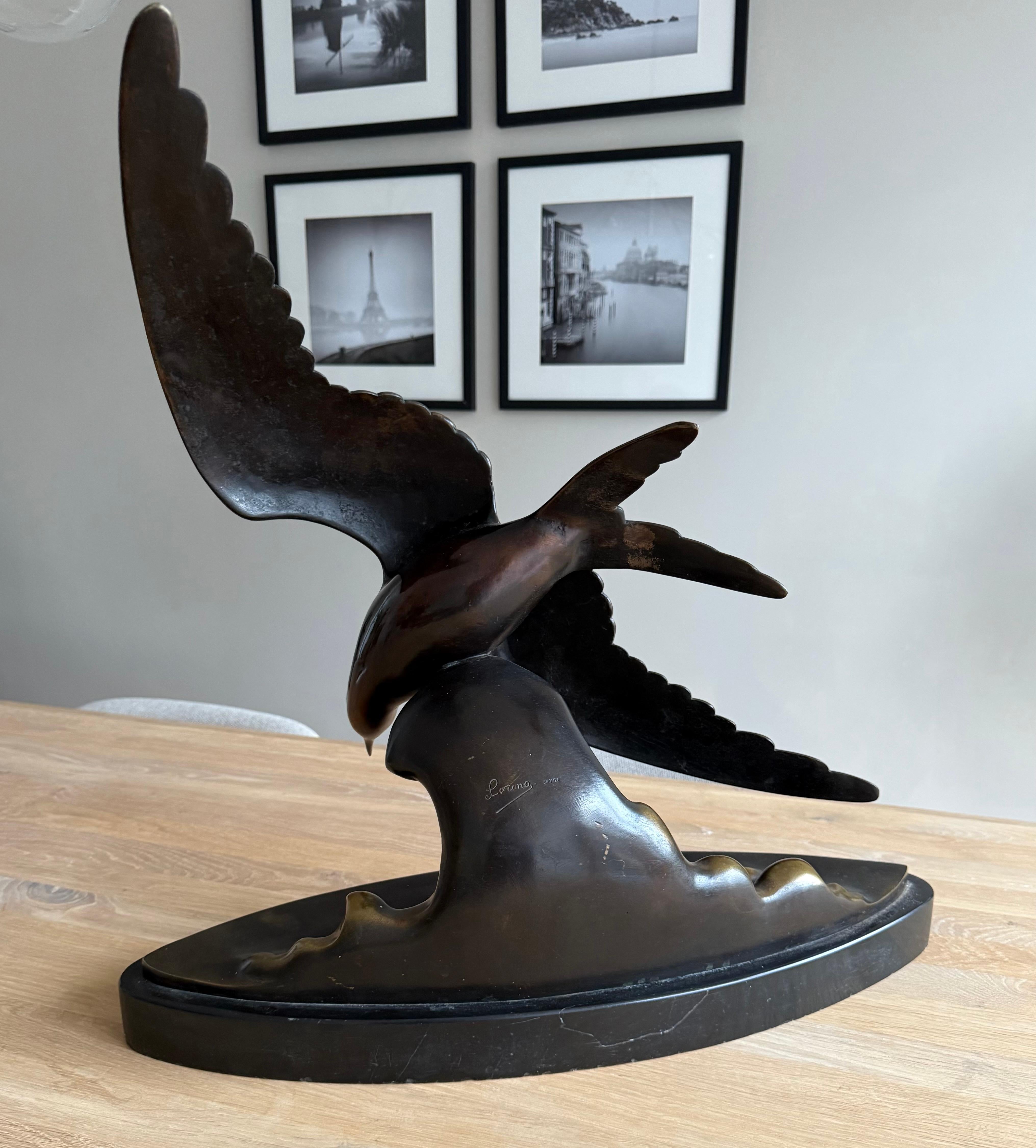 Large and Graceful Art Deco Bronze / Marble Seagull Bird Sculpture by Lorino For Sale 8