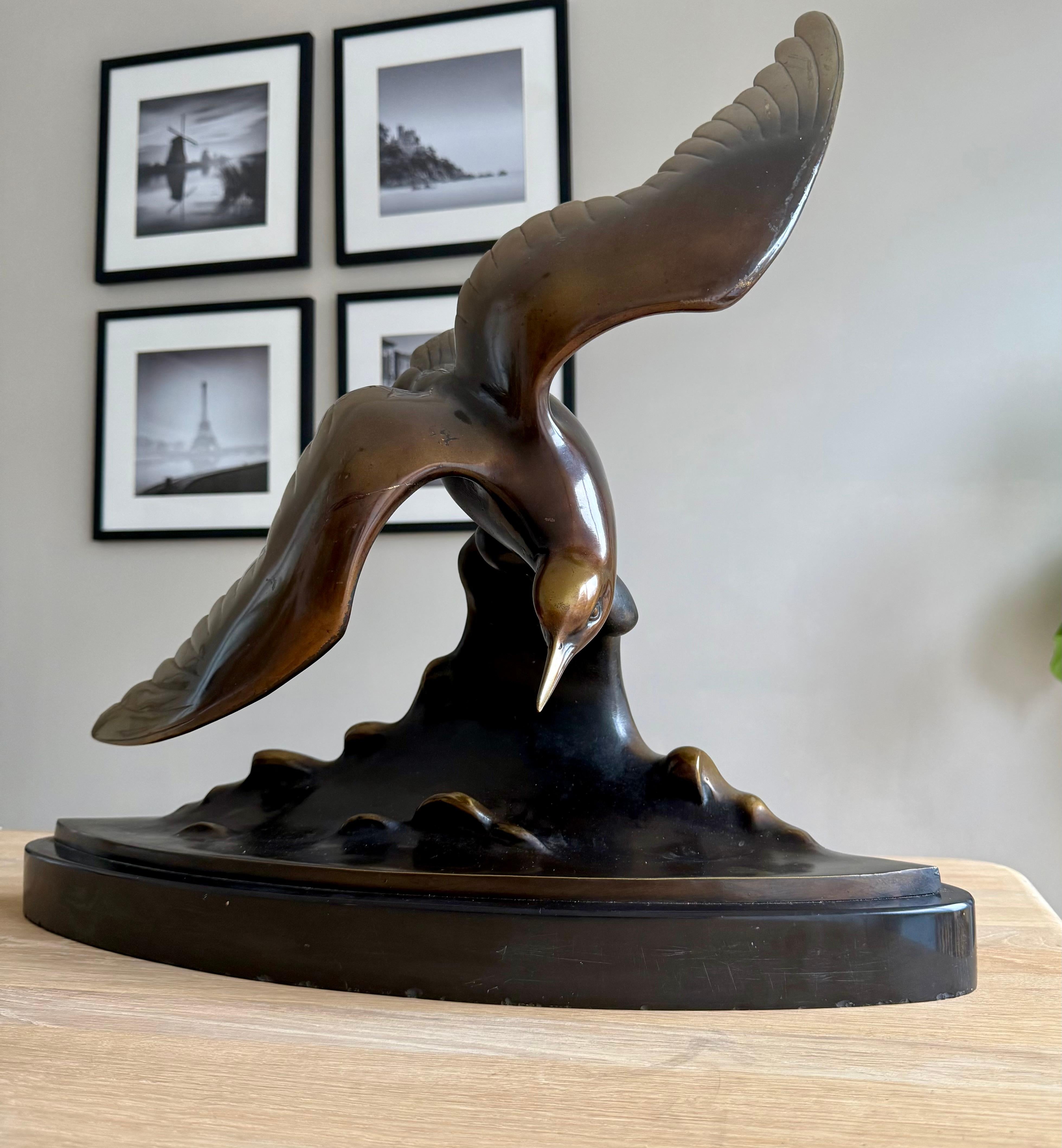 Large and Graceful Art Deco Bronze / Marble Seagull Bird Sculpture by Lorino For Sale 12