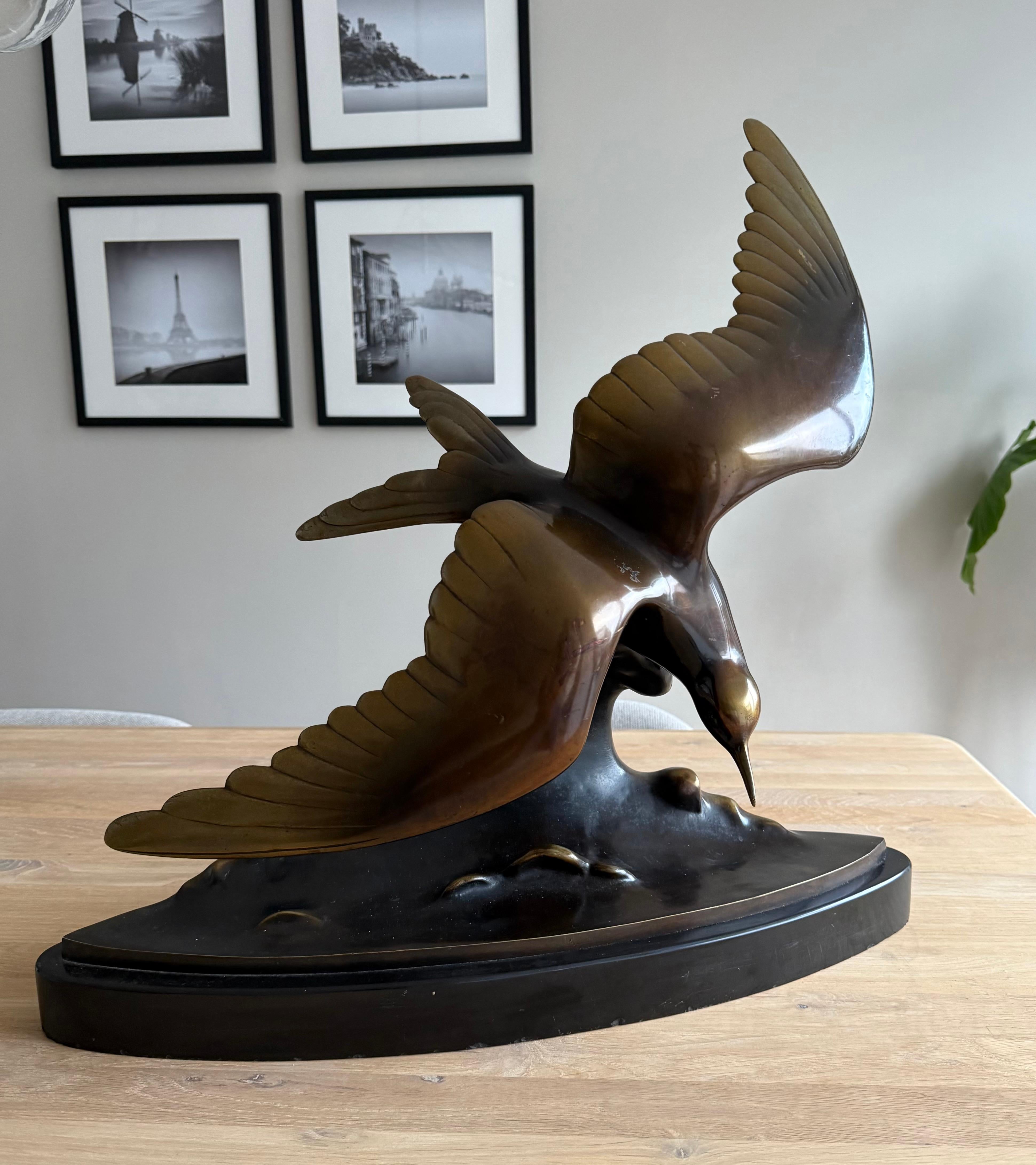 Hand-Crafted Large and Graceful Art Deco Bronze / Marble Seagull Bird Sculpture by Lorino For Sale