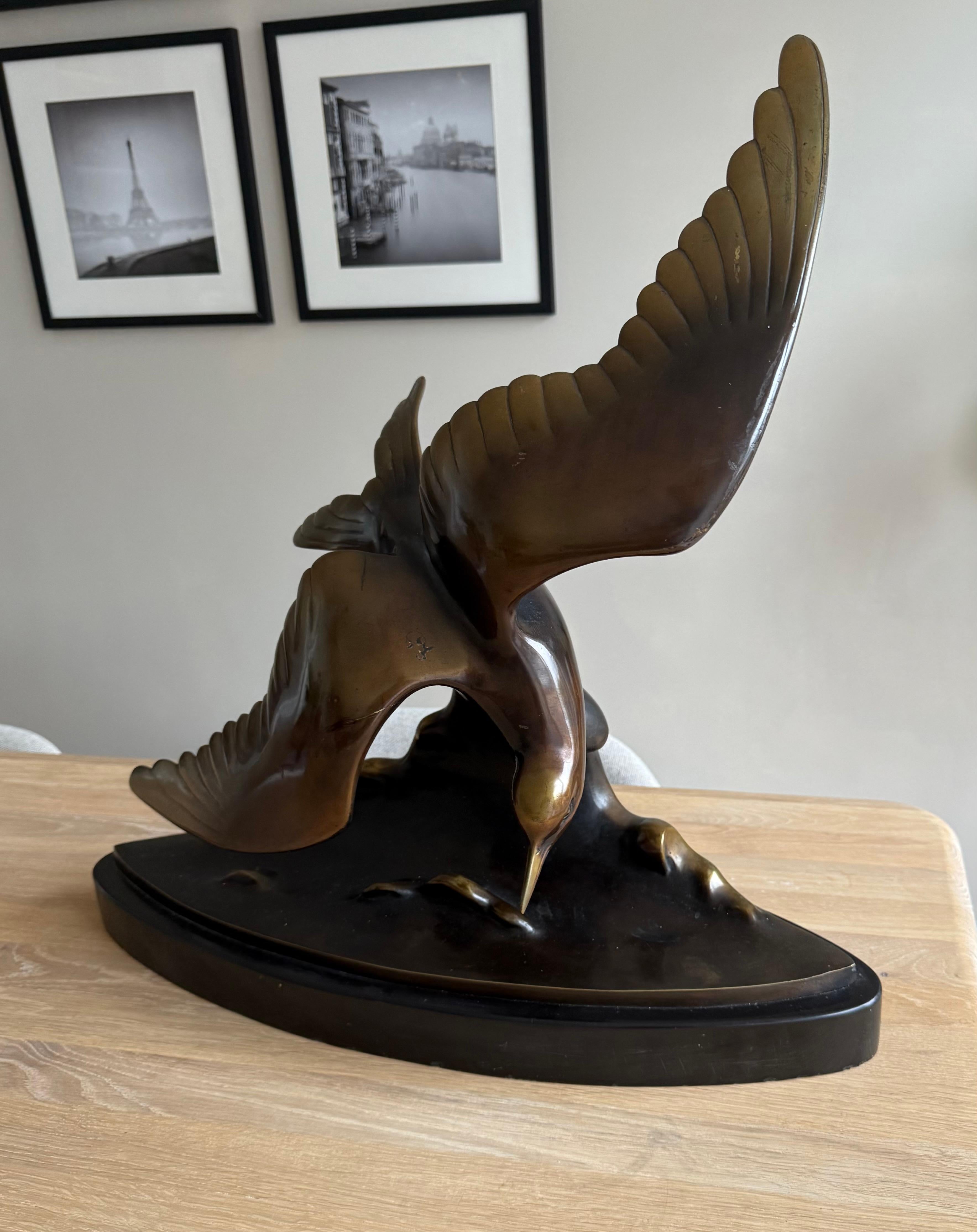 Large and Graceful Art Deco Bronze / Marble Seagull Bird Sculpture by Lorino For Sale 13