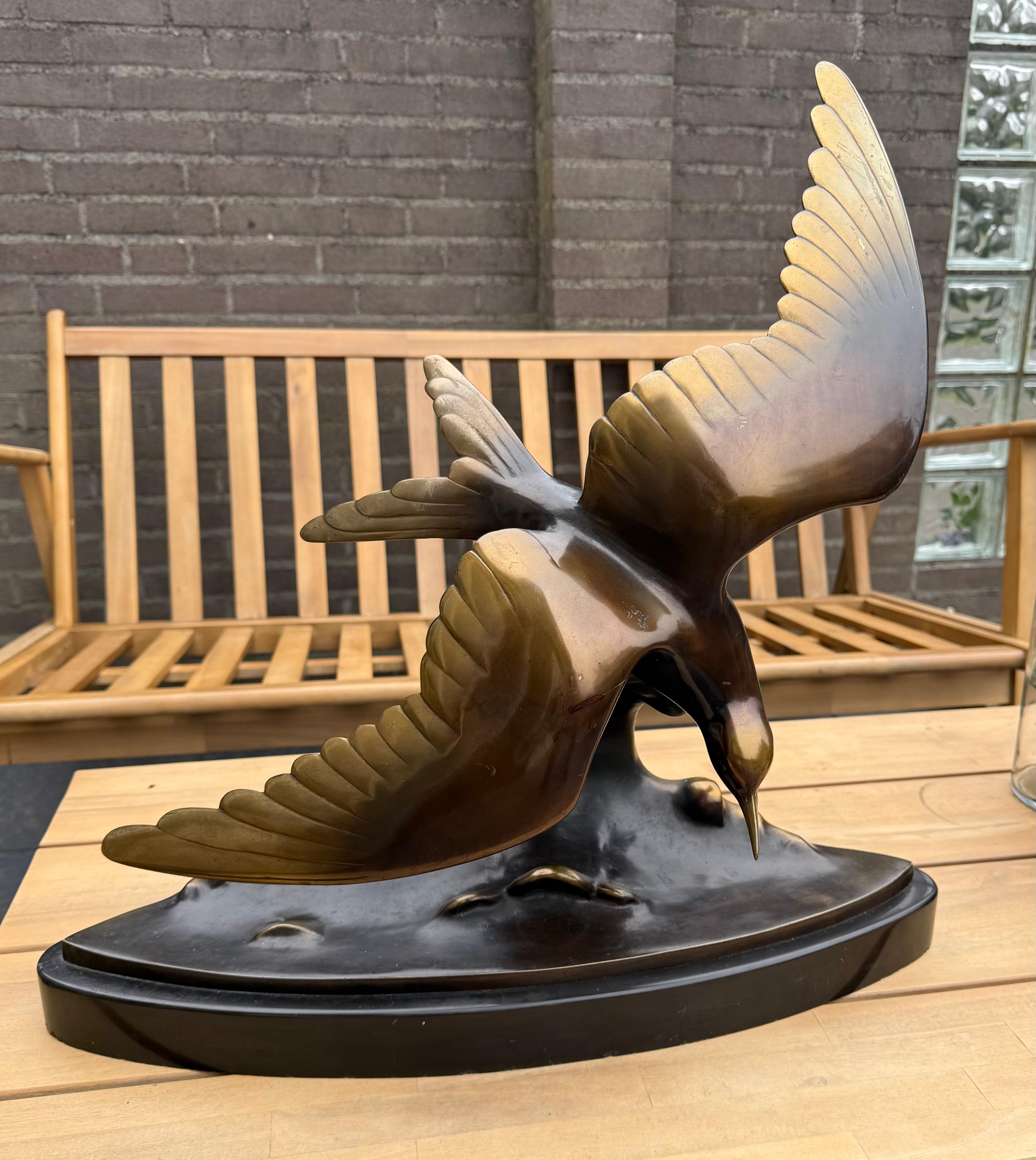 Large and Graceful Art Deco Bronze / Marble Seagull Bird Sculpture by Lorino For Sale 14