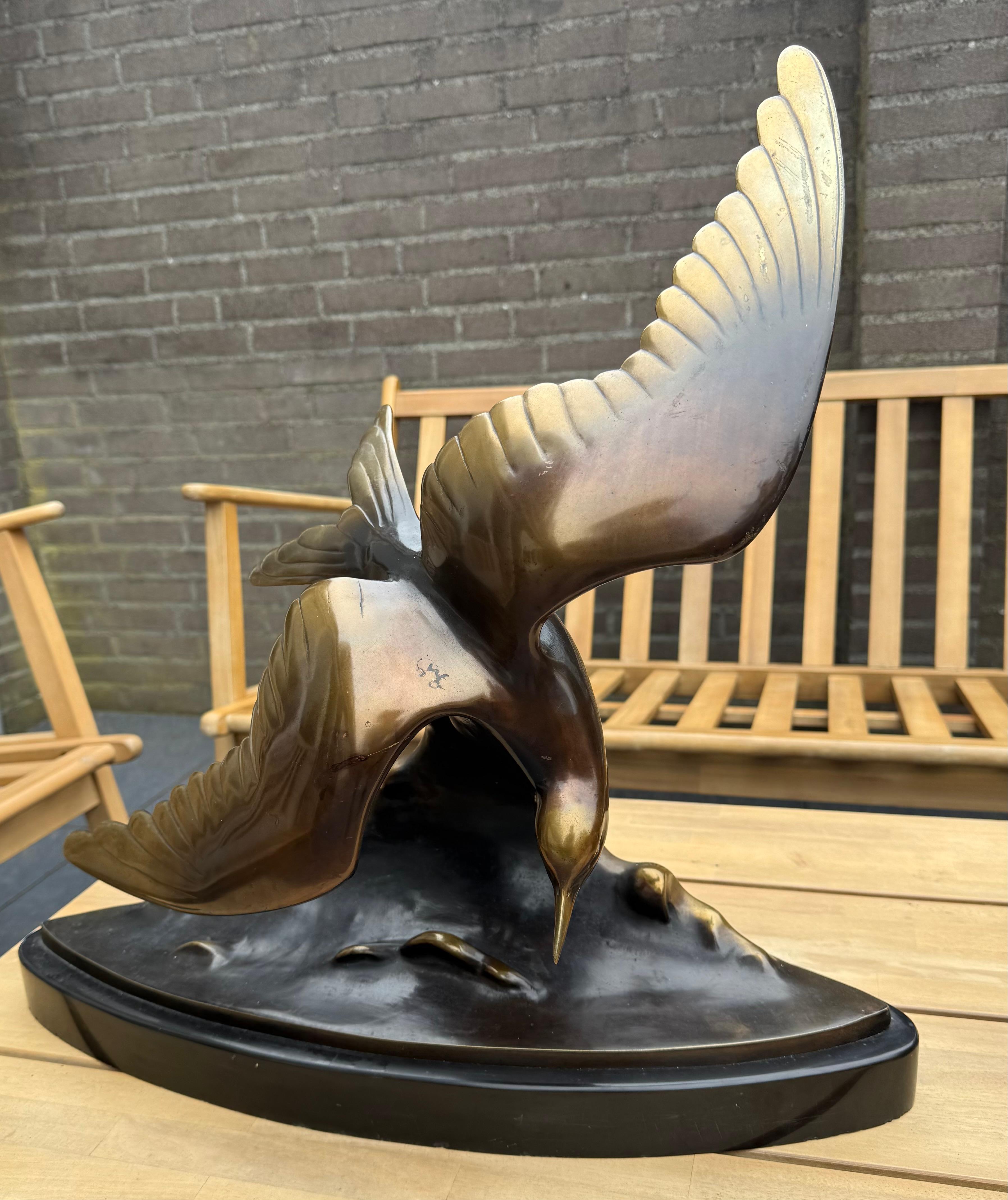 European Large and Graceful Art Deco Bronze / Marble Seagull Bird Sculpture by Lorino For Sale