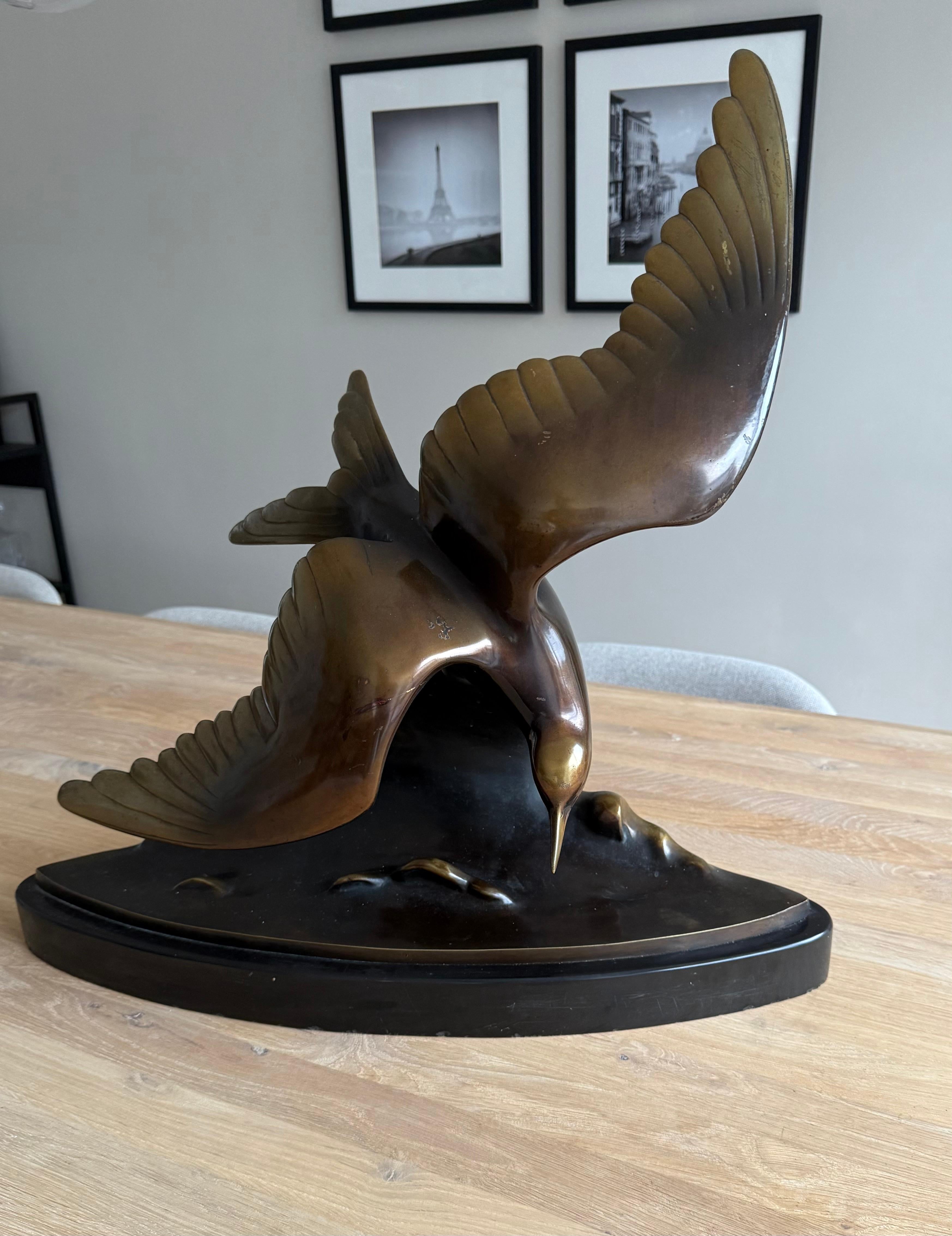 Large and Graceful Art Deco Bronze / Marble Seagull Bird Sculpture by Lorino For Sale 1