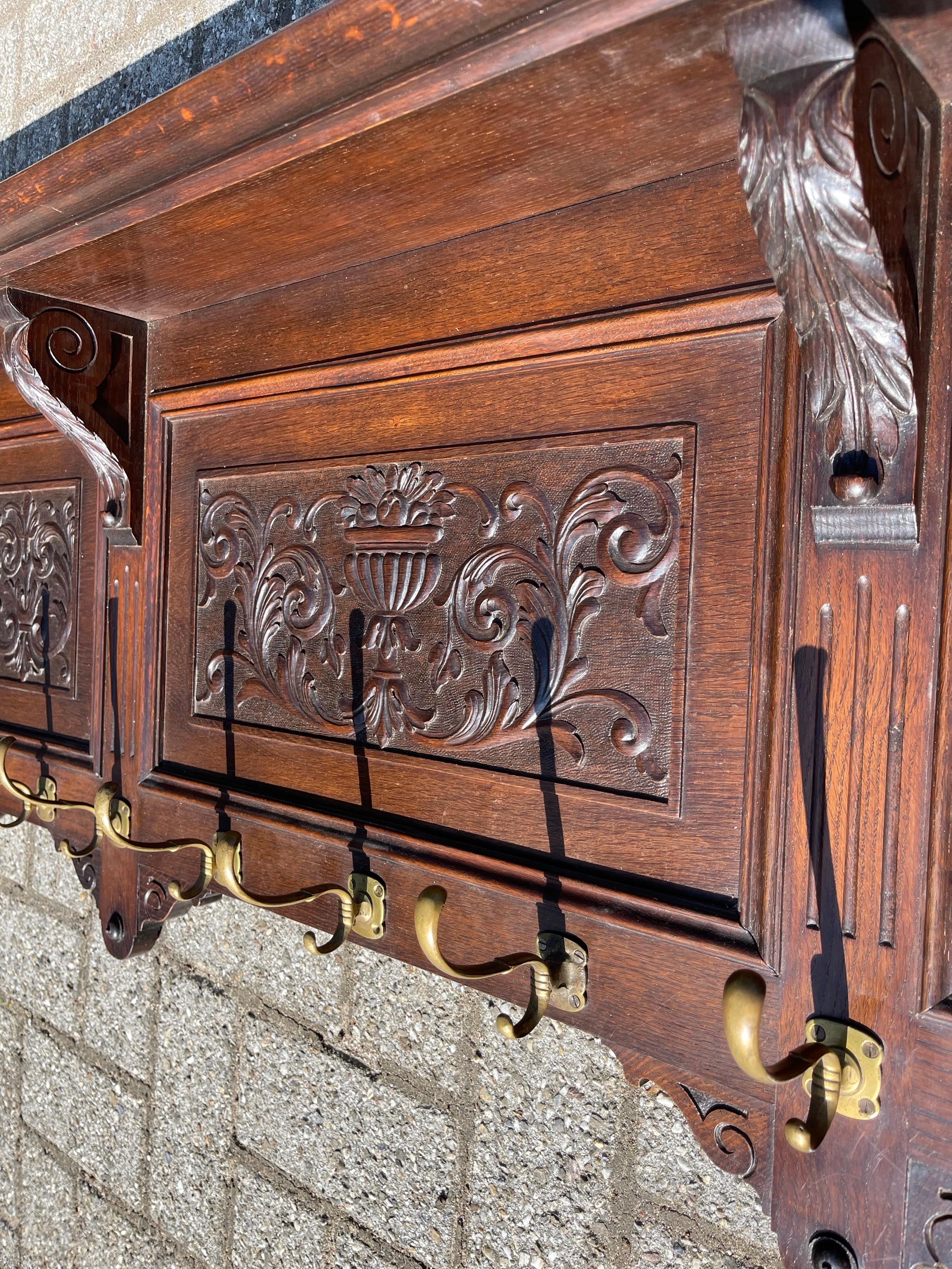 19th Century Large and Great Design Antique Wall Coat Rack with Perfect Hand Carved Details For Sale