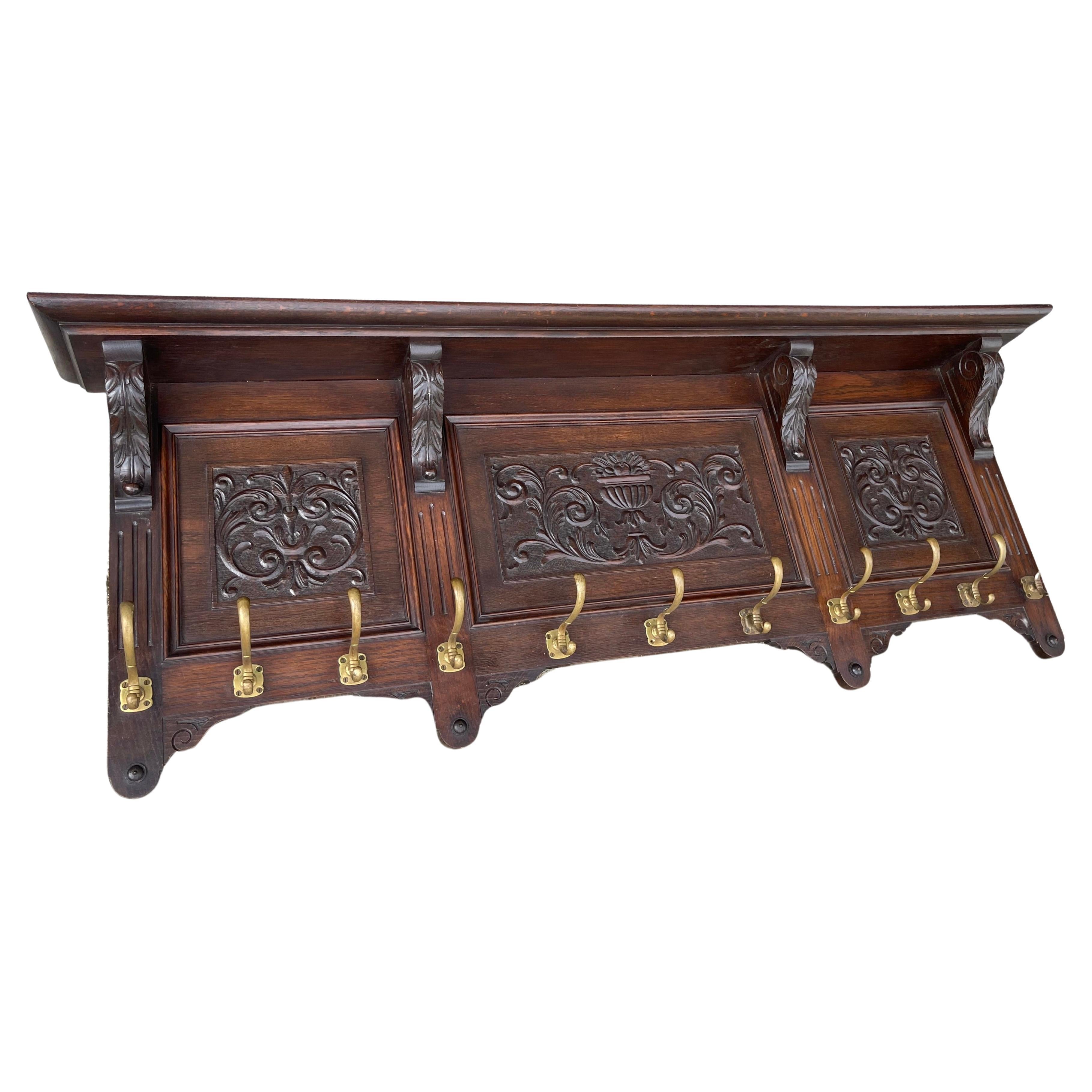Large and Great Design Antique Wall Coat Rack with Perfect Hand Carved Details For Sale