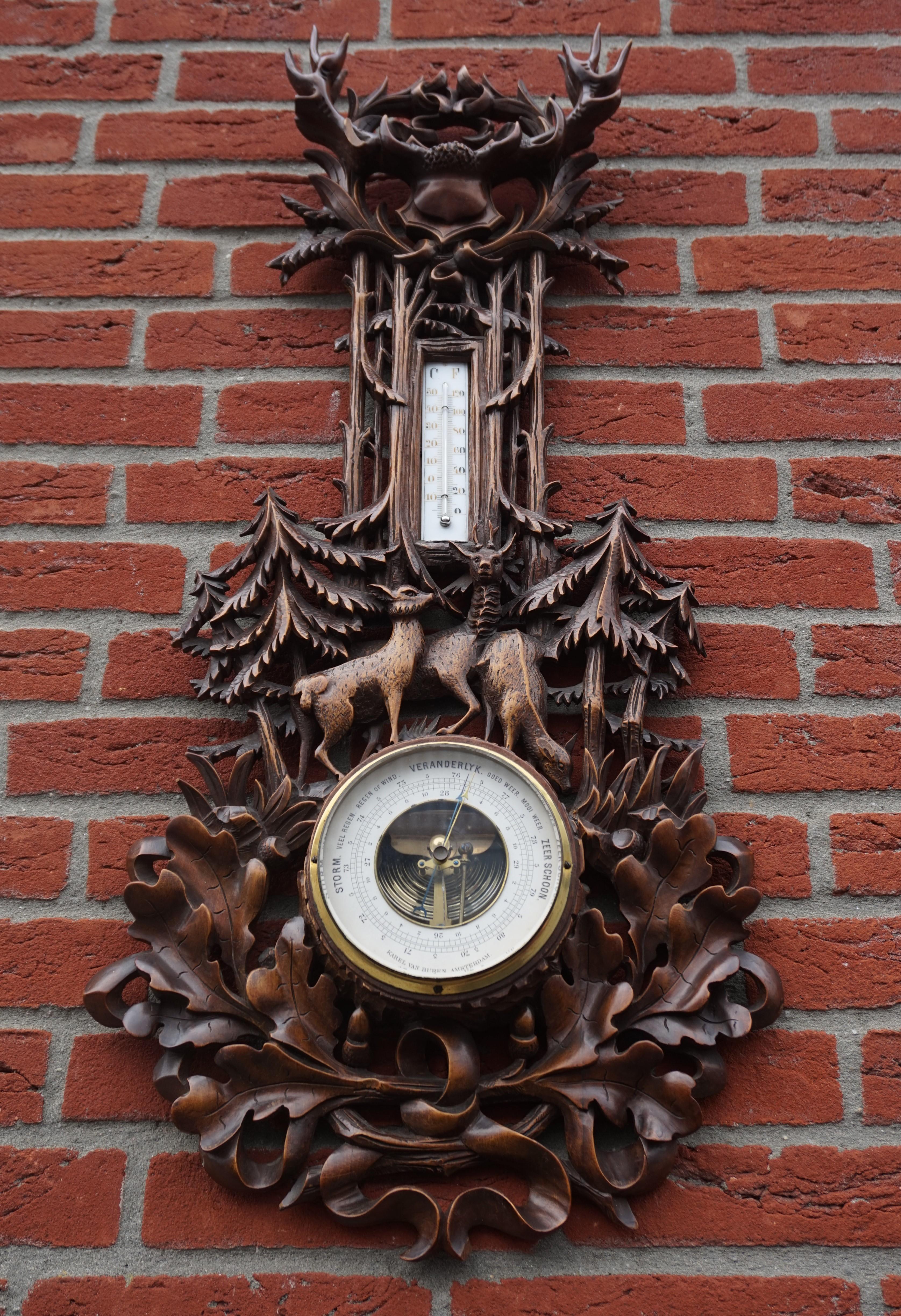 Large and Hand Carved Black Forest Barometer & Thermometer with Deer Sculptures 3