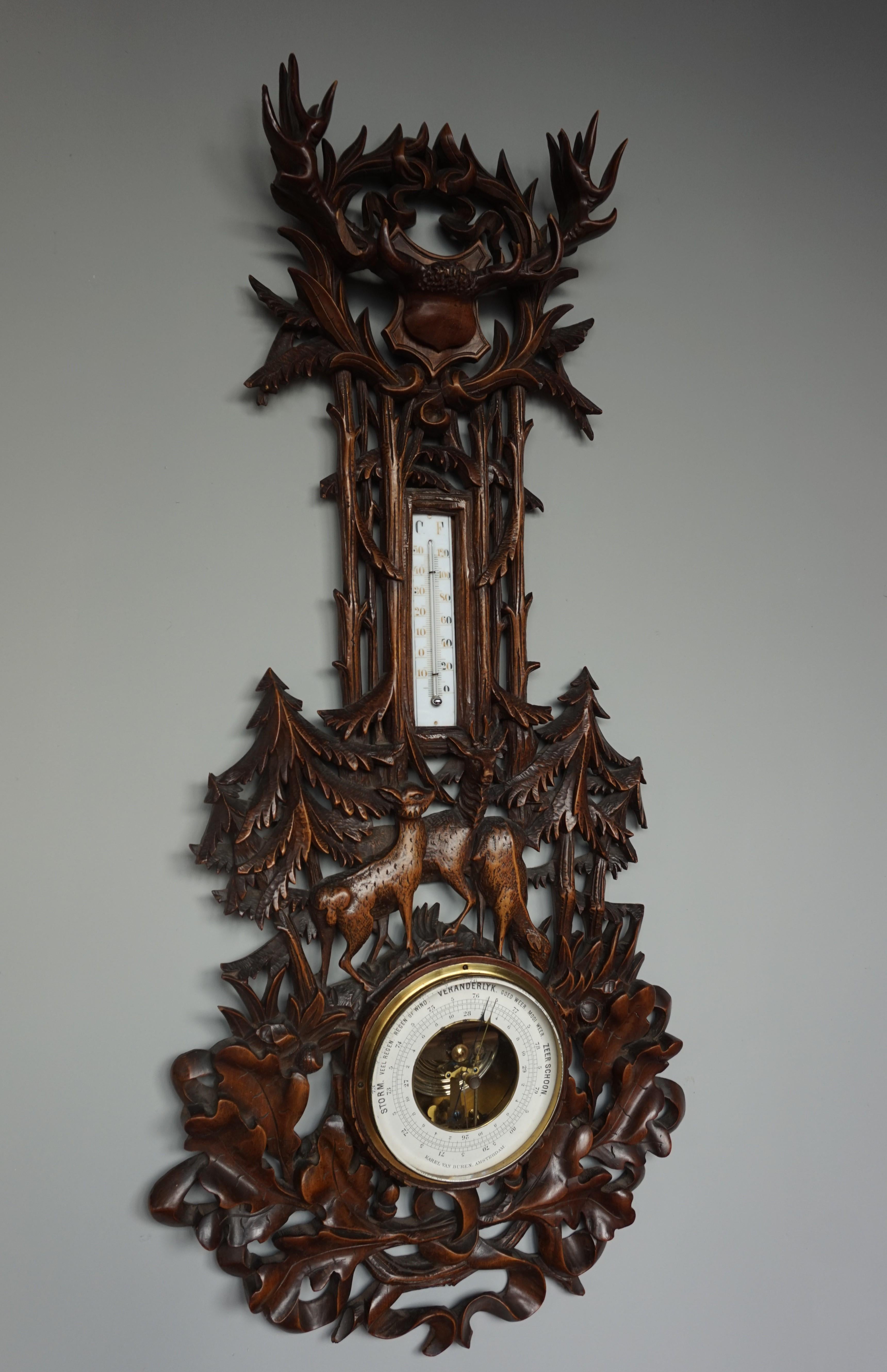 Large and Hand Carved Black Forest Barometer & Thermometer with Deer Sculptures 4