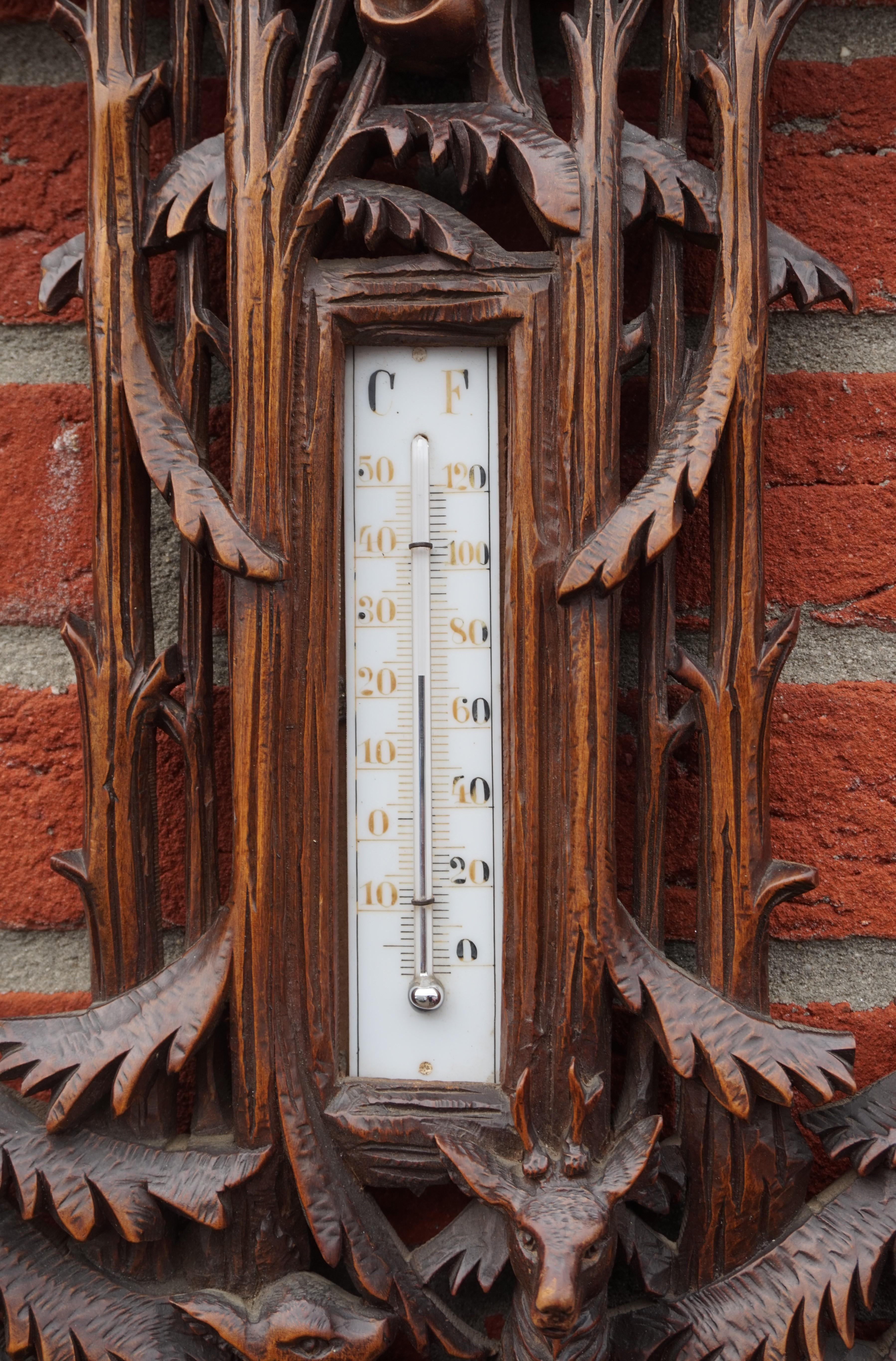 Large and Hand Carved Black Forest Barometer & Thermometer with Deer Sculptures 5
