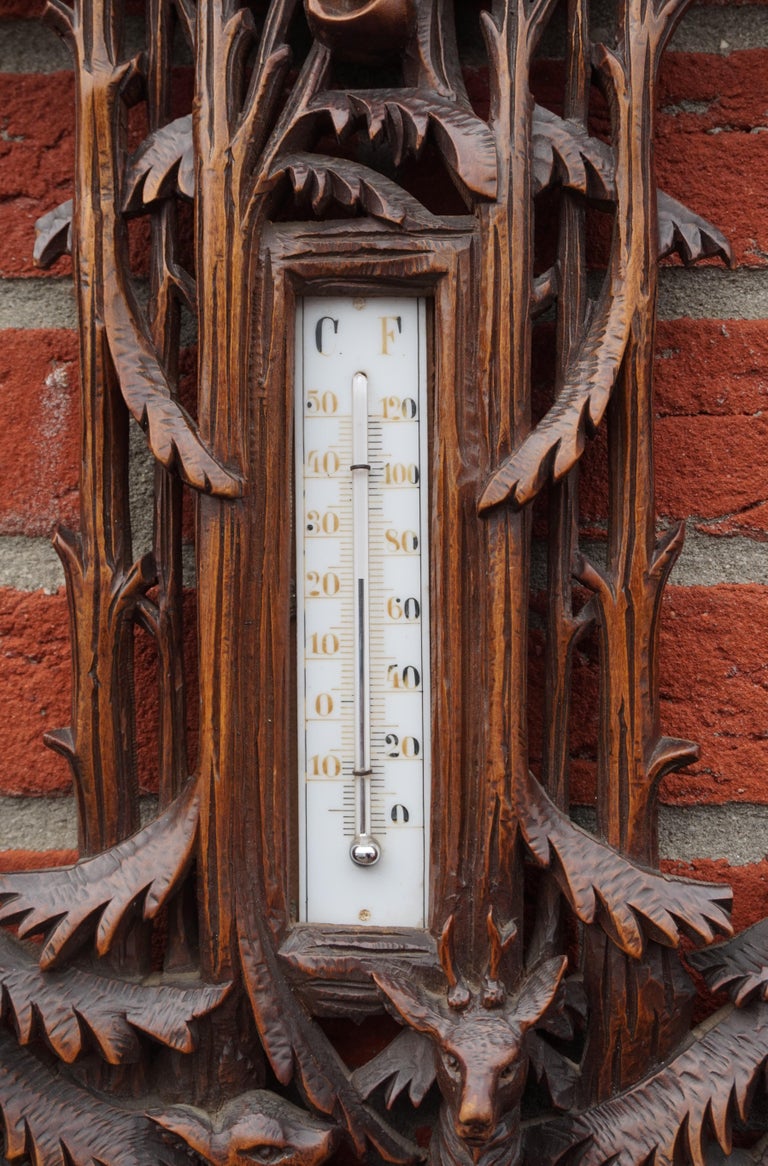 Large and Hand Carved Black Forest Barometer and Thermometer with Deer
