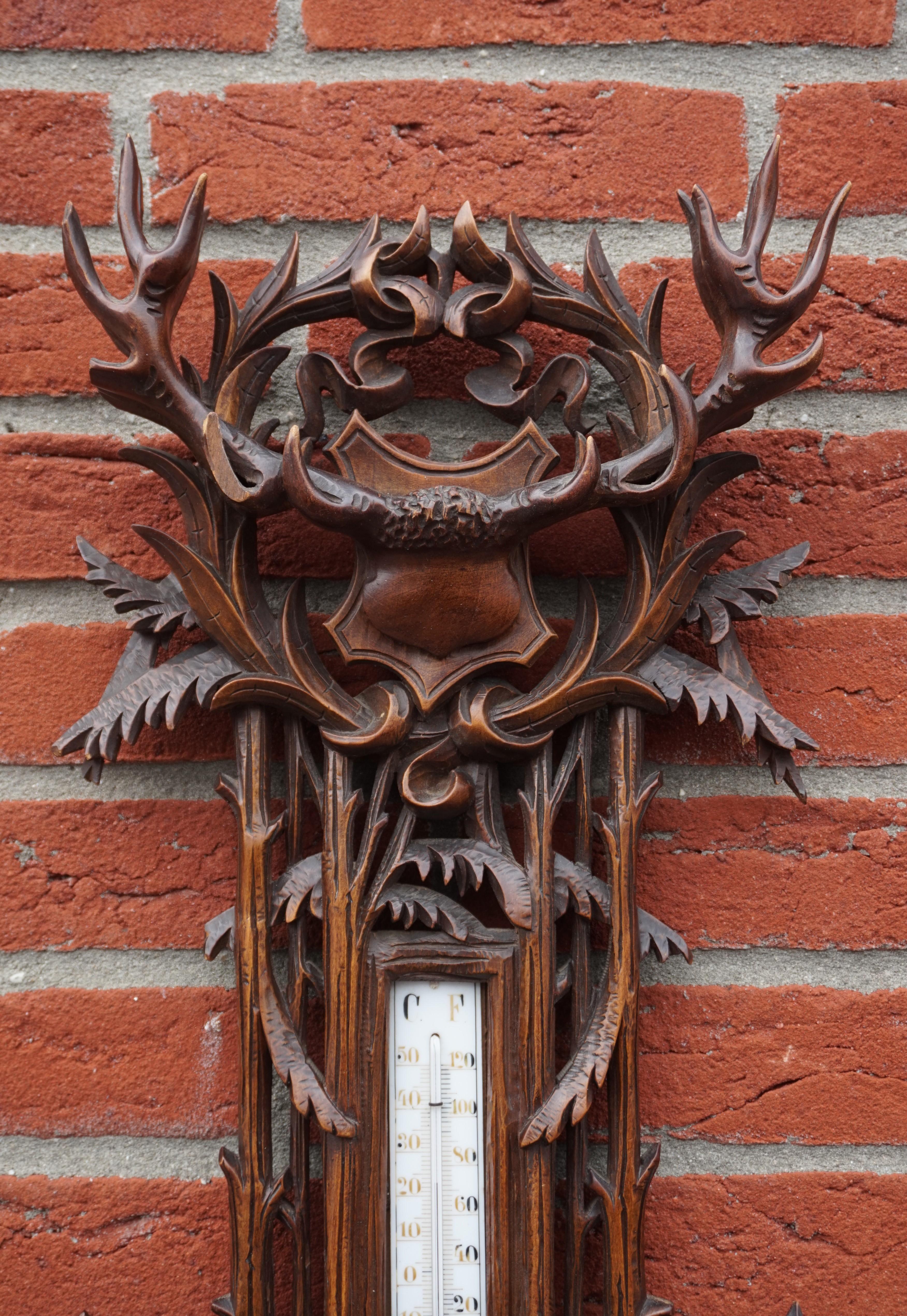 Large and Hand Carved Black Forest Barometer & Thermometer with Deer Sculptures 8