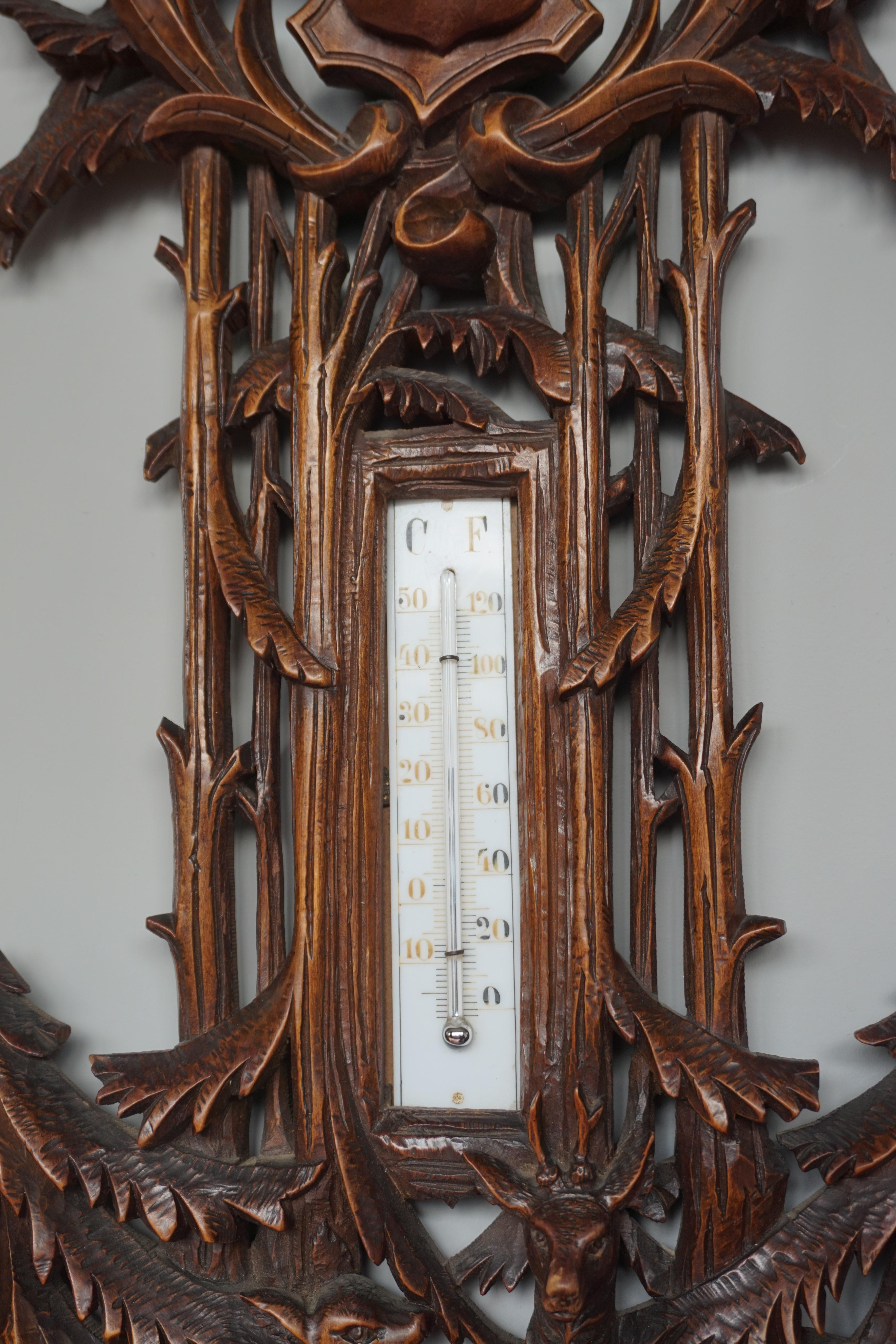 Large and Hand Carved Black Forest Barometer & Thermometer with Deer Sculptures 9