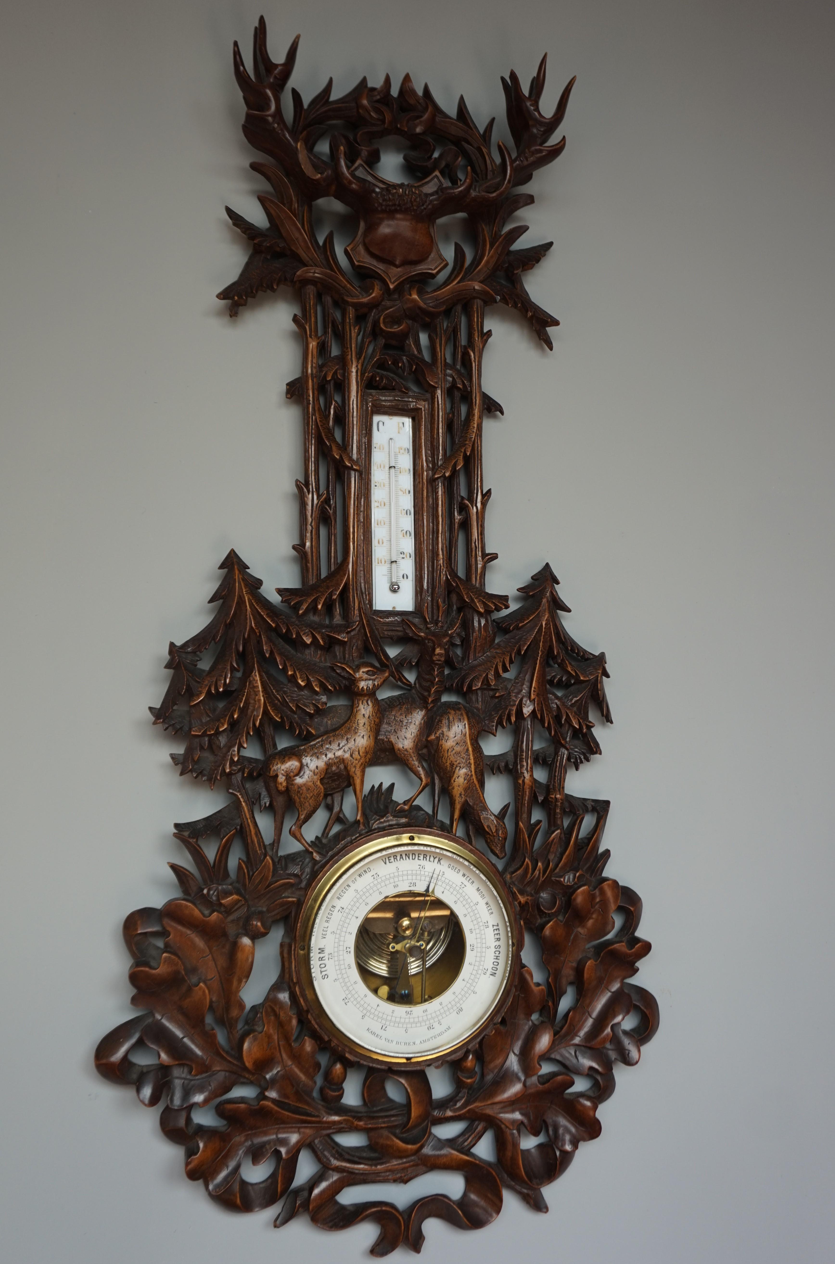 Large and Hand Carved Black Forest Barometer & Thermometer with Deer Sculptures 10