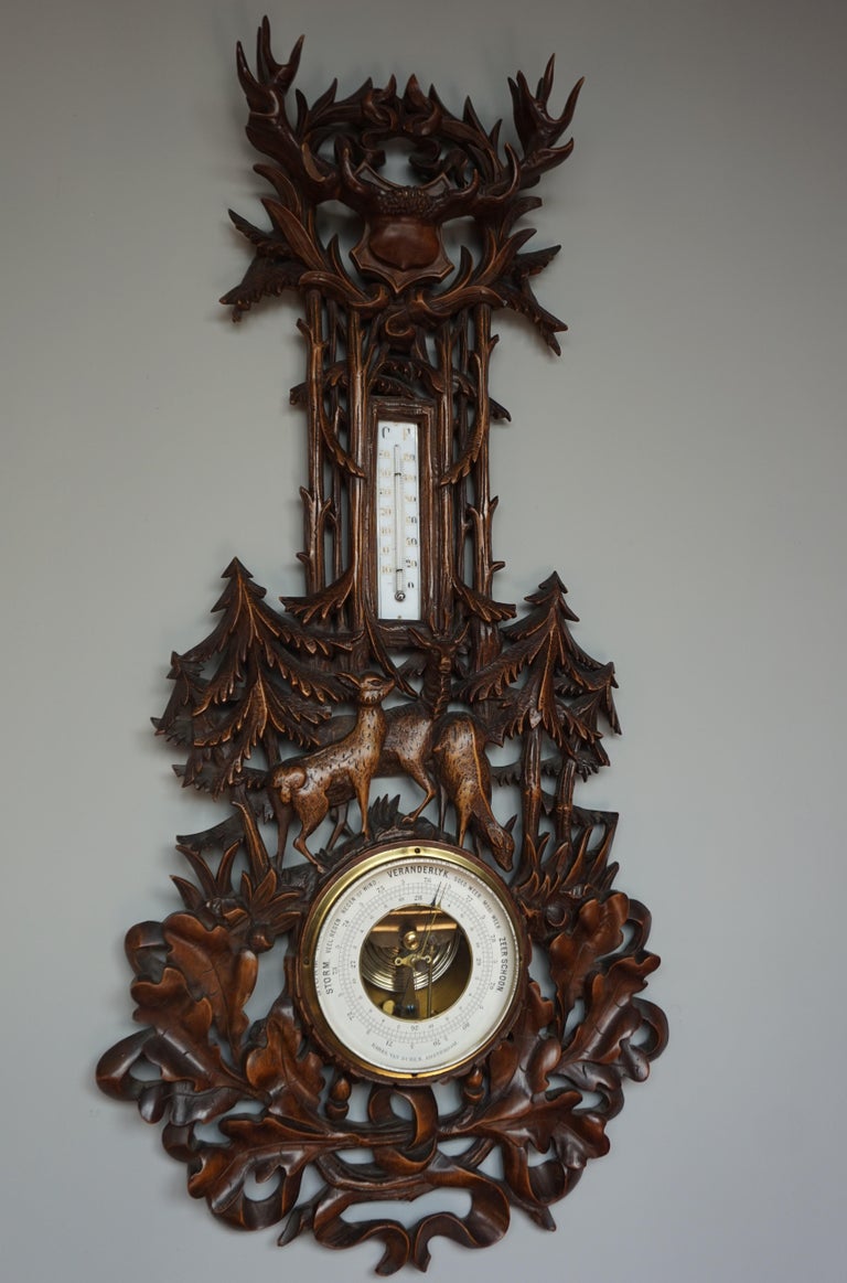Large and Hand Carved Black Forest Barometer and Thermometer with Deer