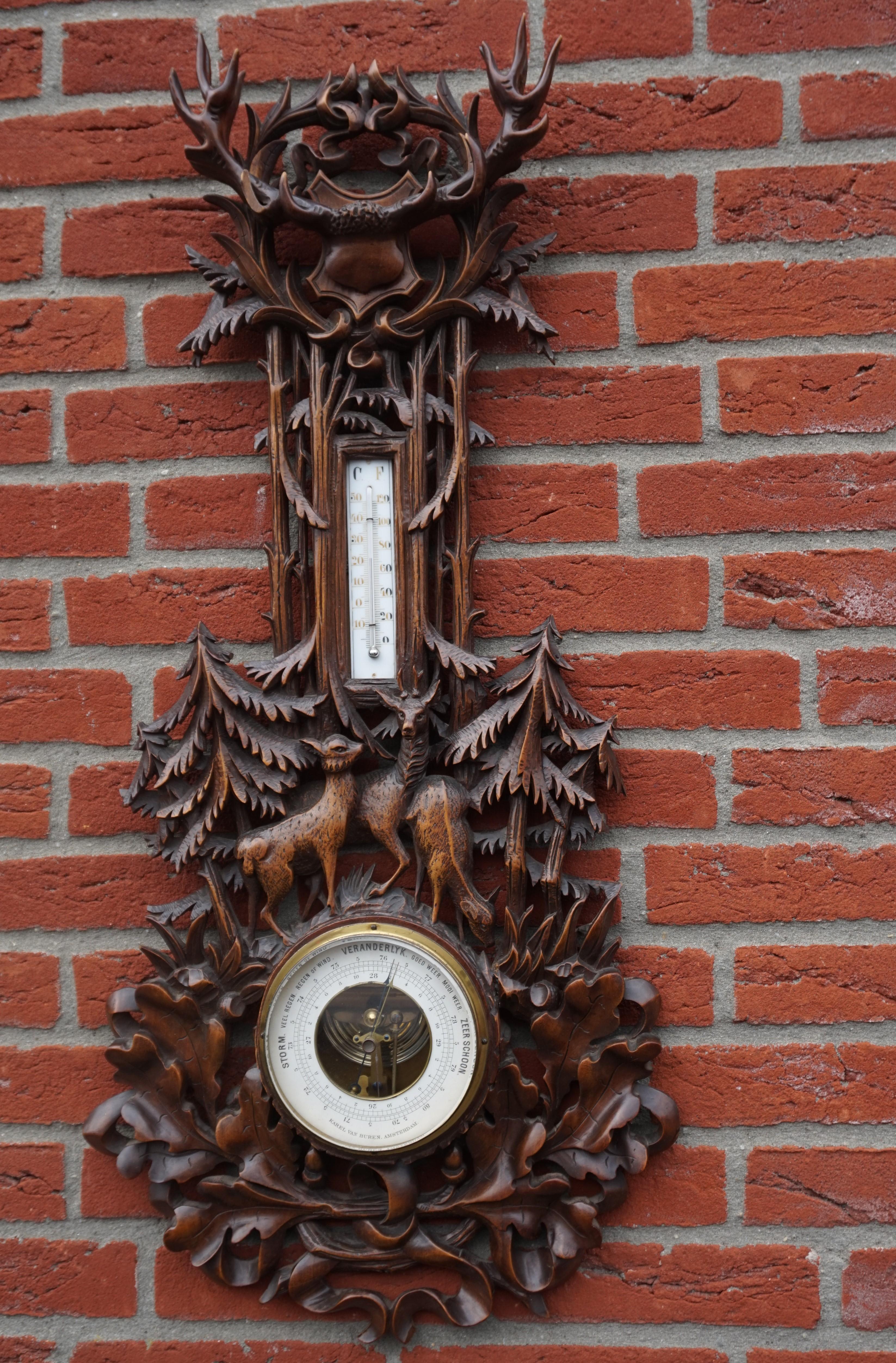 Large and Hand Carved Black Forest Barometer & Thermometer with Deer Sculptures 11