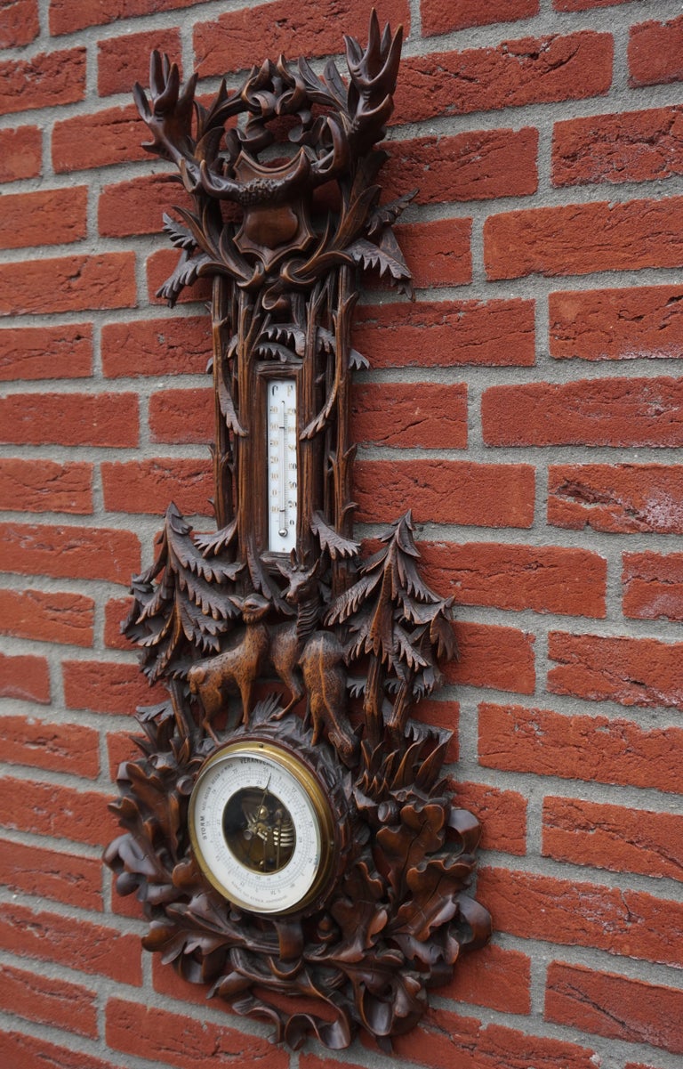 Large and Hand Carved Black Forest Barometer and Thermometer with Deer