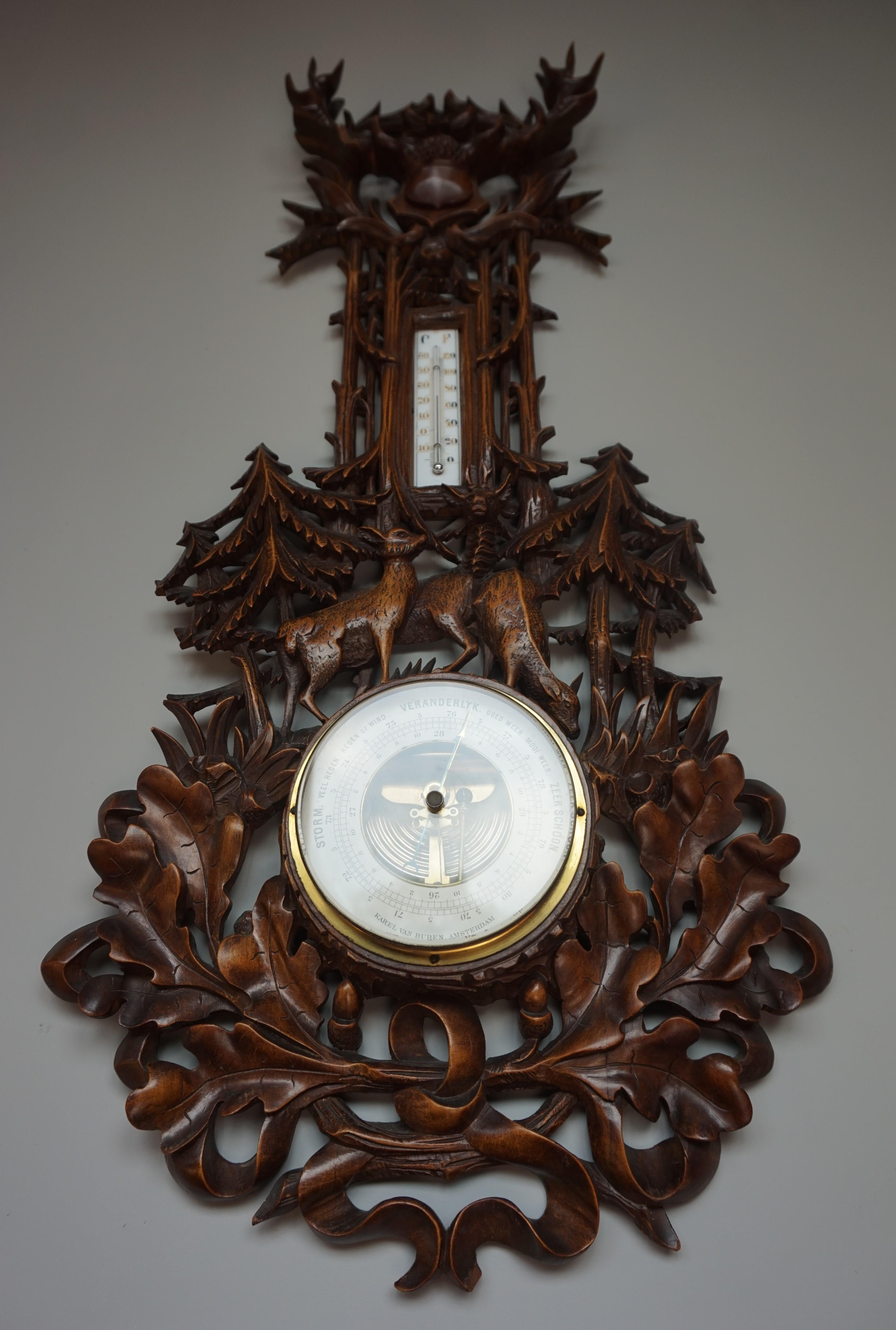 European Large and Hand Carved Black Forest Barometer & Thermometer with Deer Sculptures